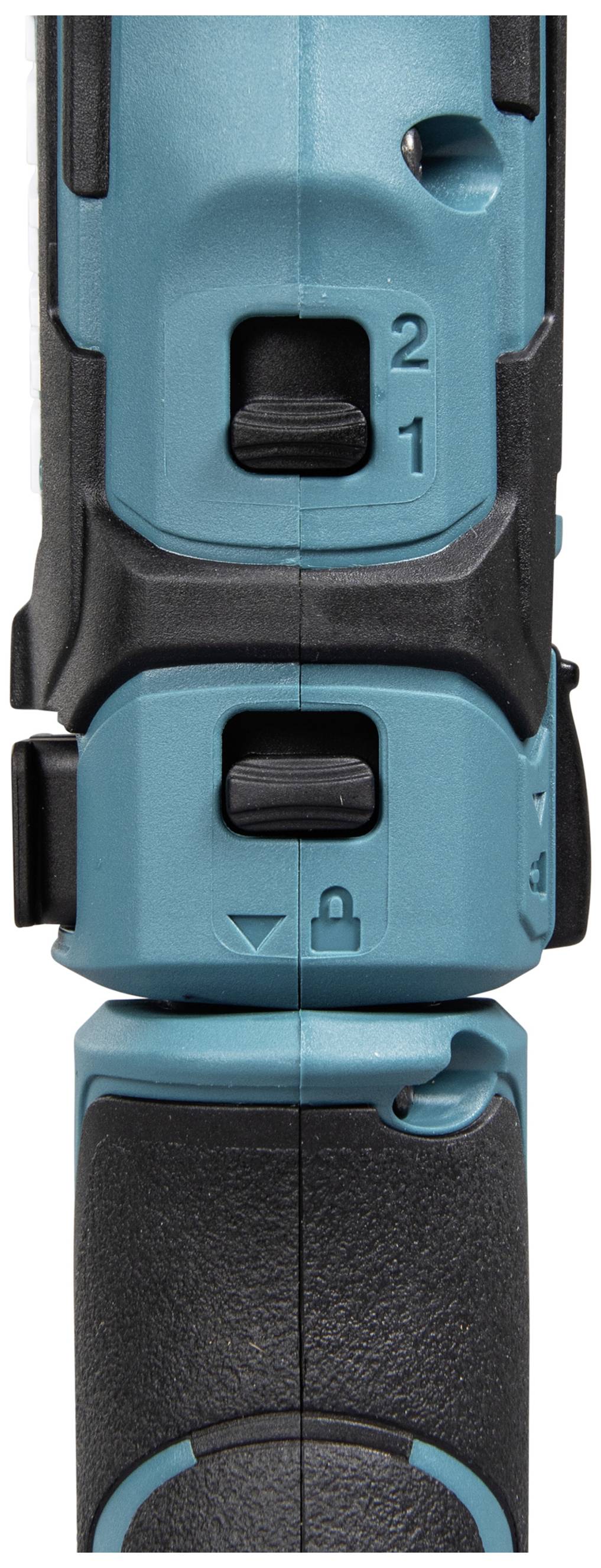 Close-up of a blue electric power tool with a two-speed switch and lock button.