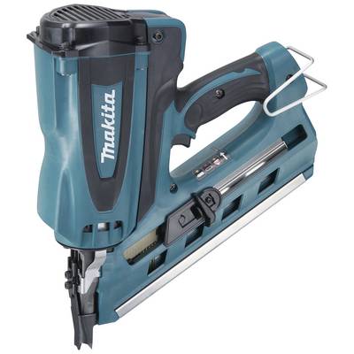Cordless nail gun with ergonomic handle and battery.