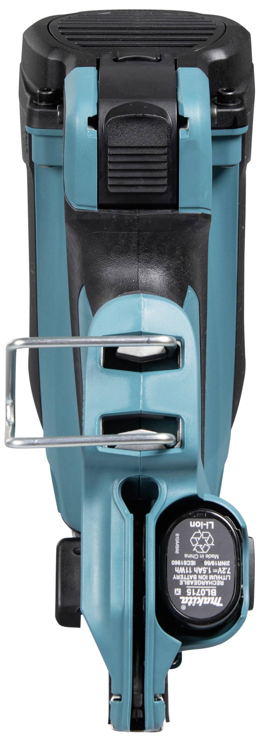 An electric hand tool with a black handle and a turquoise casing. Buttons and metal brackets are visible.