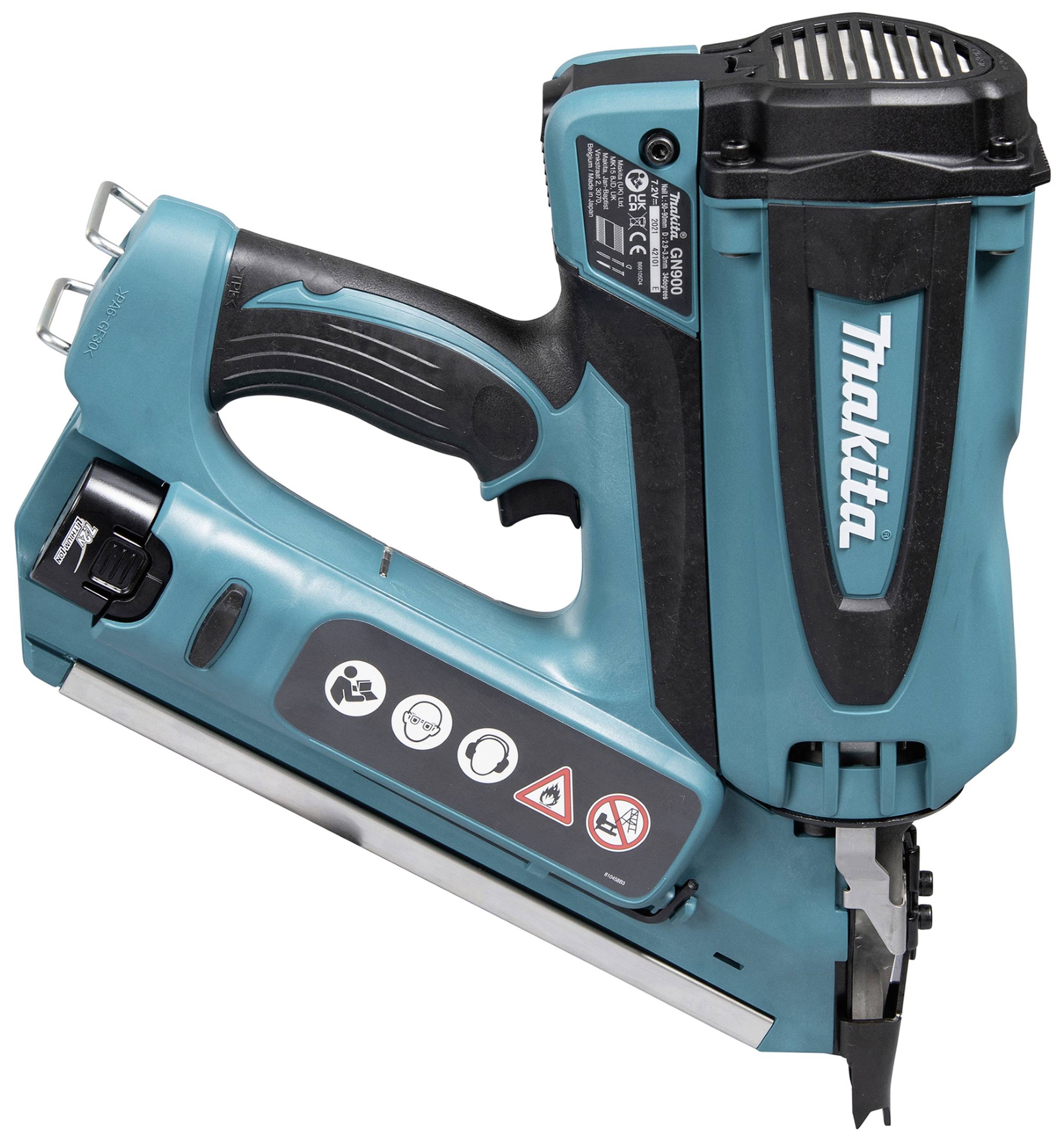 A cordless nail gun in blue design with black accents, equipped with an ergonomic handle and operation symbols.