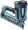 A cordless nail gun in blue design with black accents, equipped with an ergonomic handle and operation symbols.