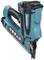 Battery-powered nail gun, blue-black, 'Makita' brand, side view; safety warning symbols visible, suitable for construction work.