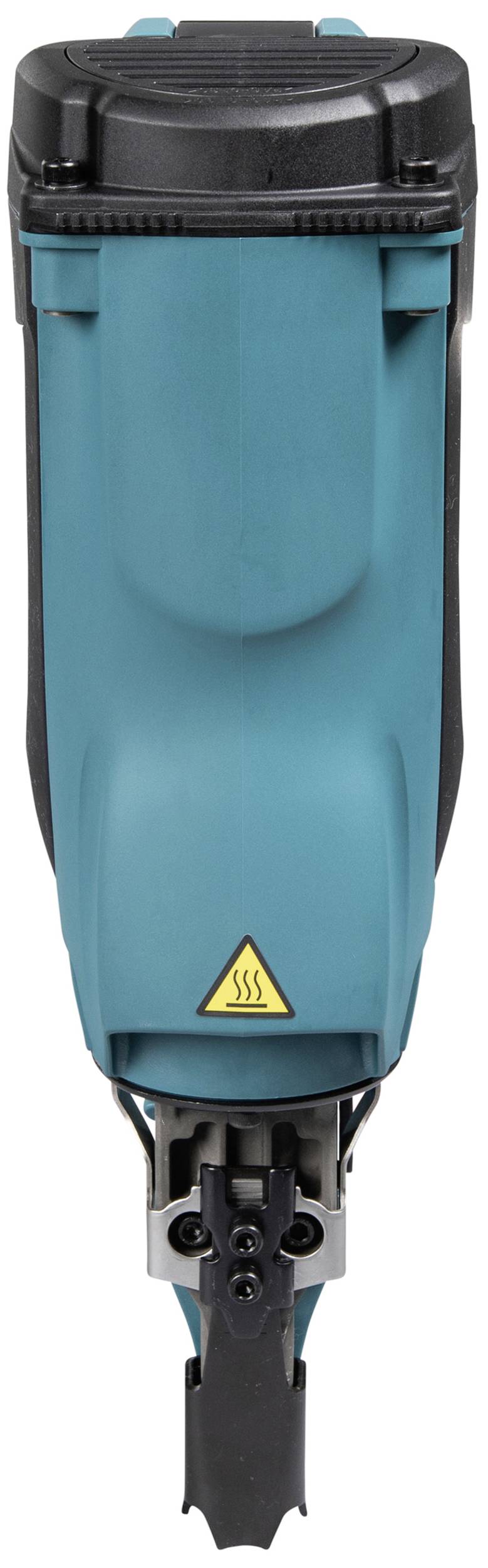 A blue electric tool case with a heat warning symbol.