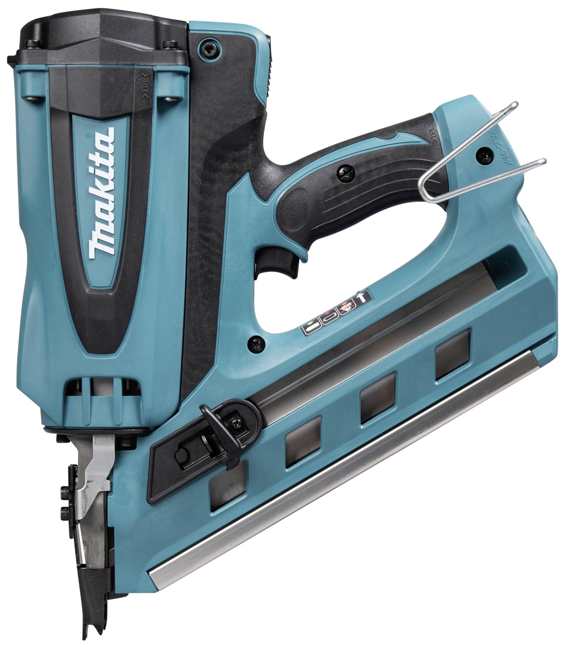 A blue and black cordless nail gun with an ergonomic handle and silver accents, marked with the manufacturer's logo.