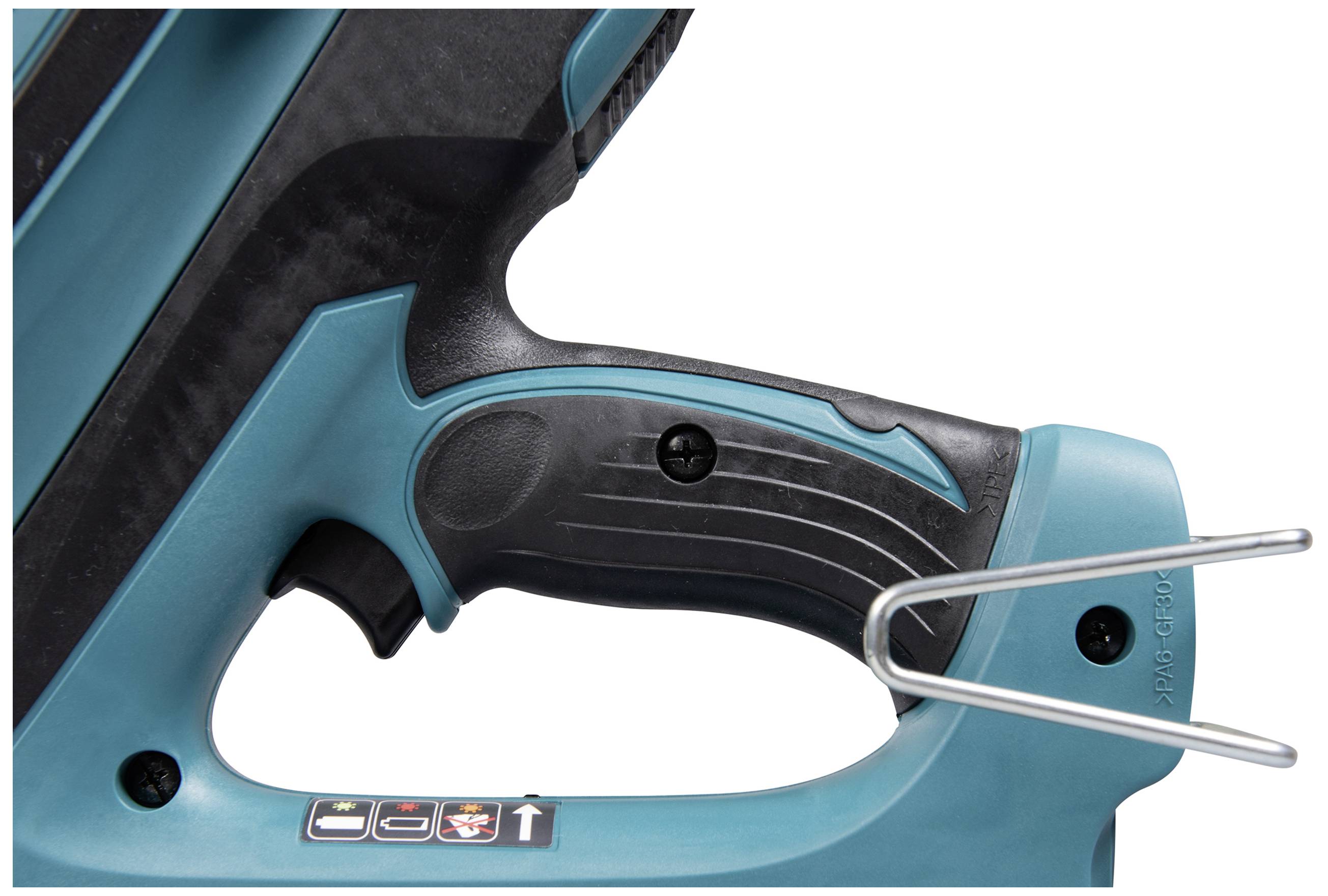 Close-up of a blue and black electric tool handle with a metal bracket at the front, displaying a button and symbols.