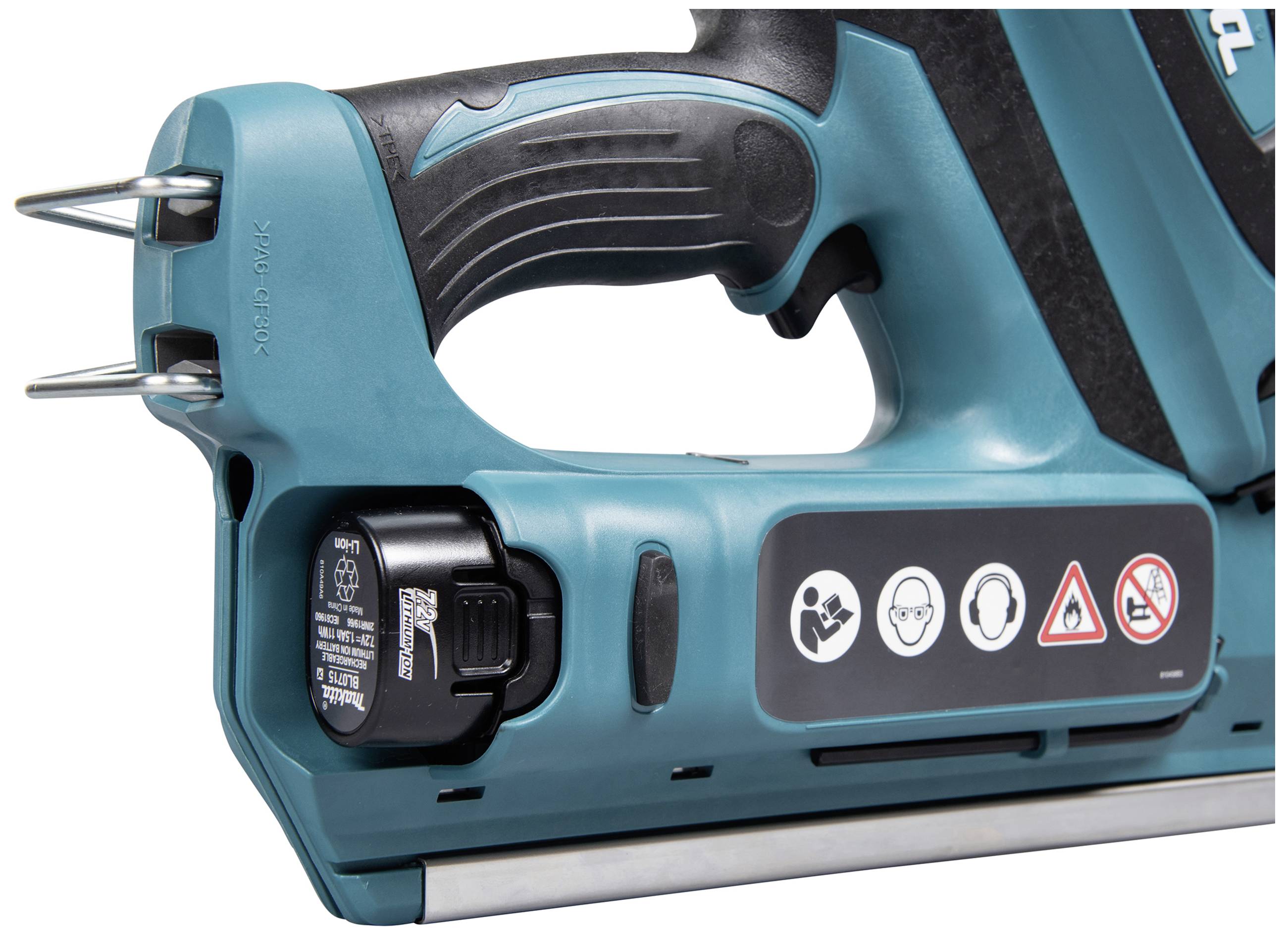 Battery-powered nail gun with a navy blue housing, ergonomic handle, and safety application symbols depicted on the side.