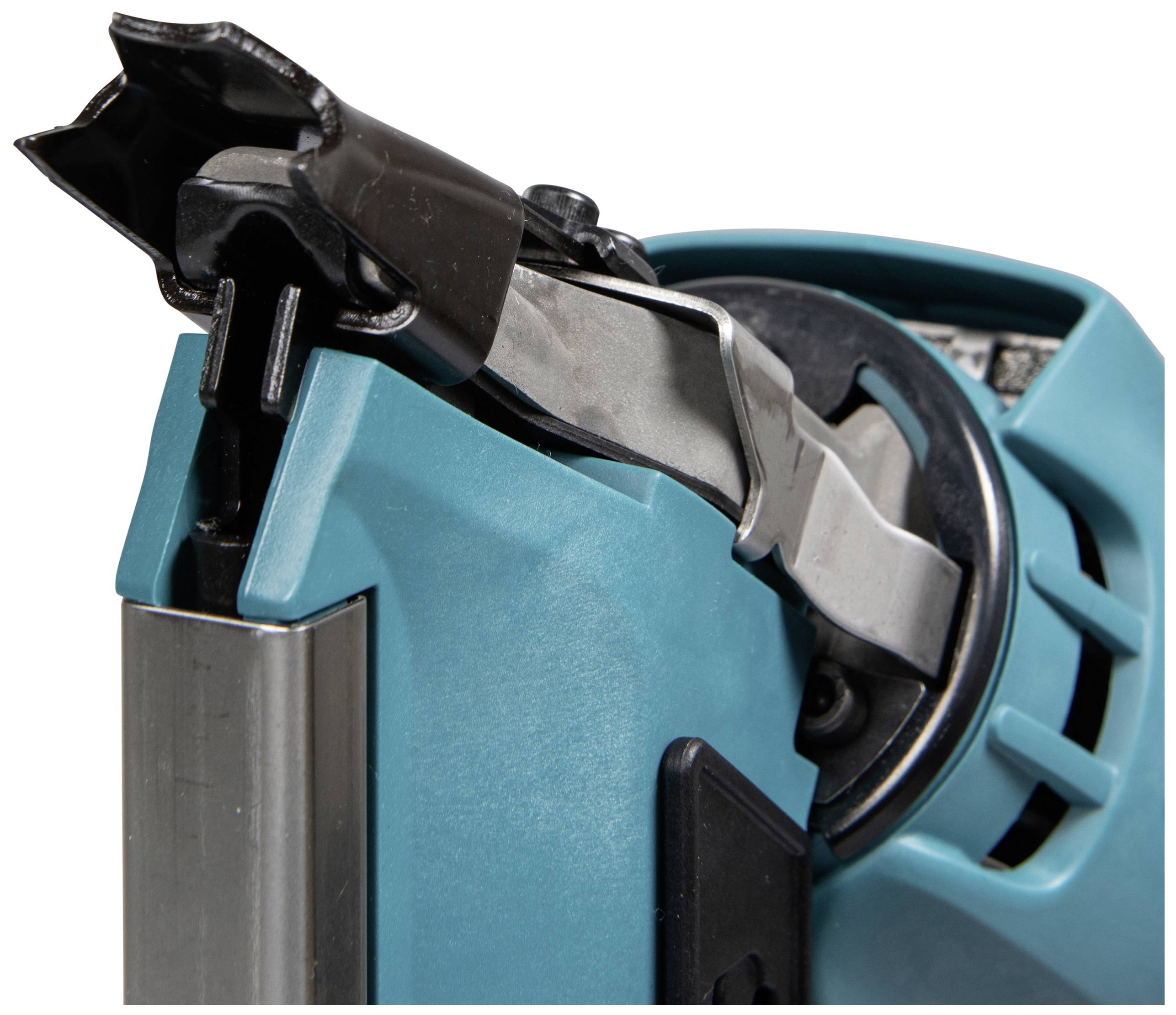 A close-up of a blue power tool shows the front part of a staple gun with metal staples.