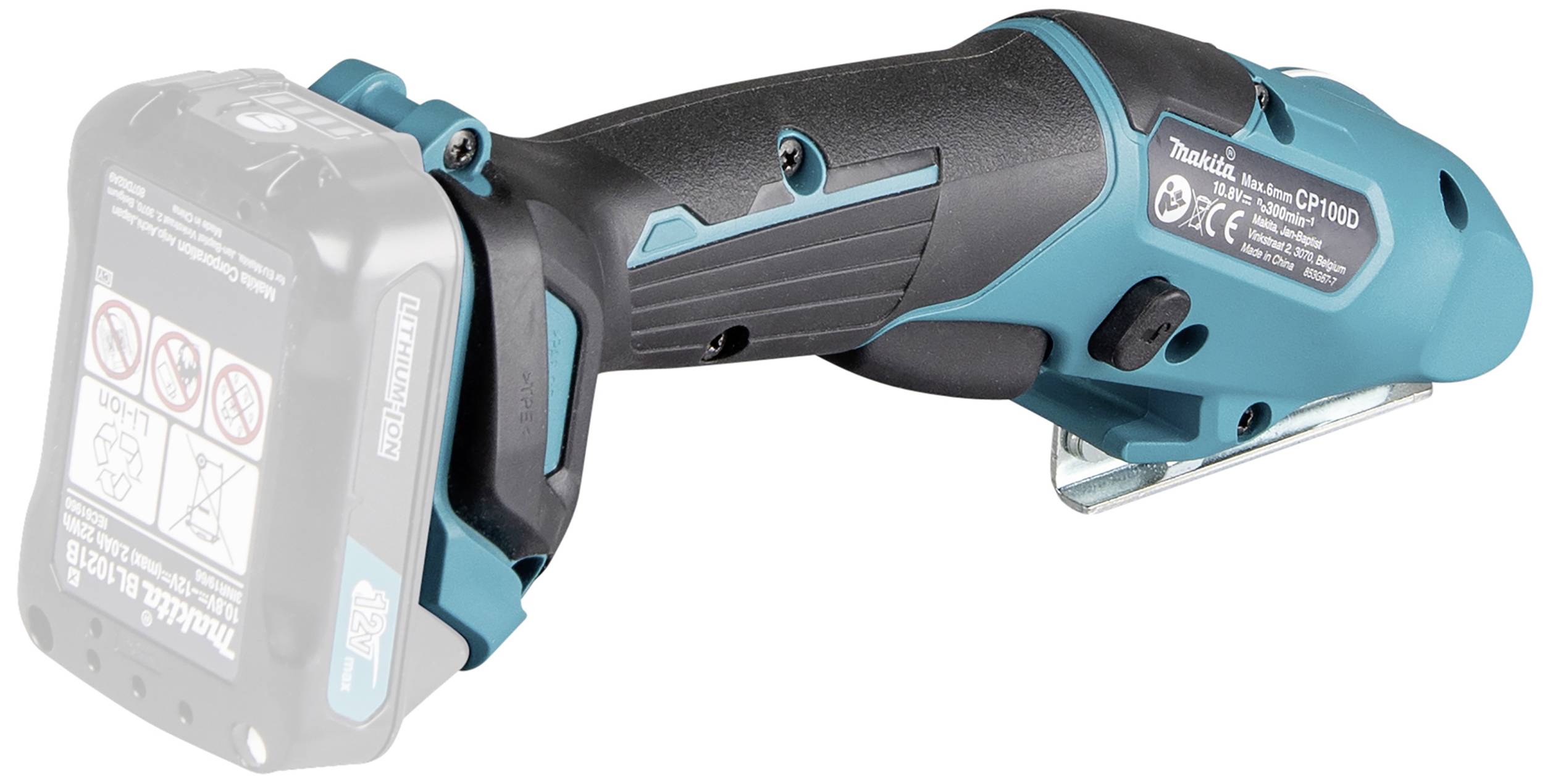 Battery-powered blue and black saw, with a highlighted ergonomic handle, a removable battery is visible.