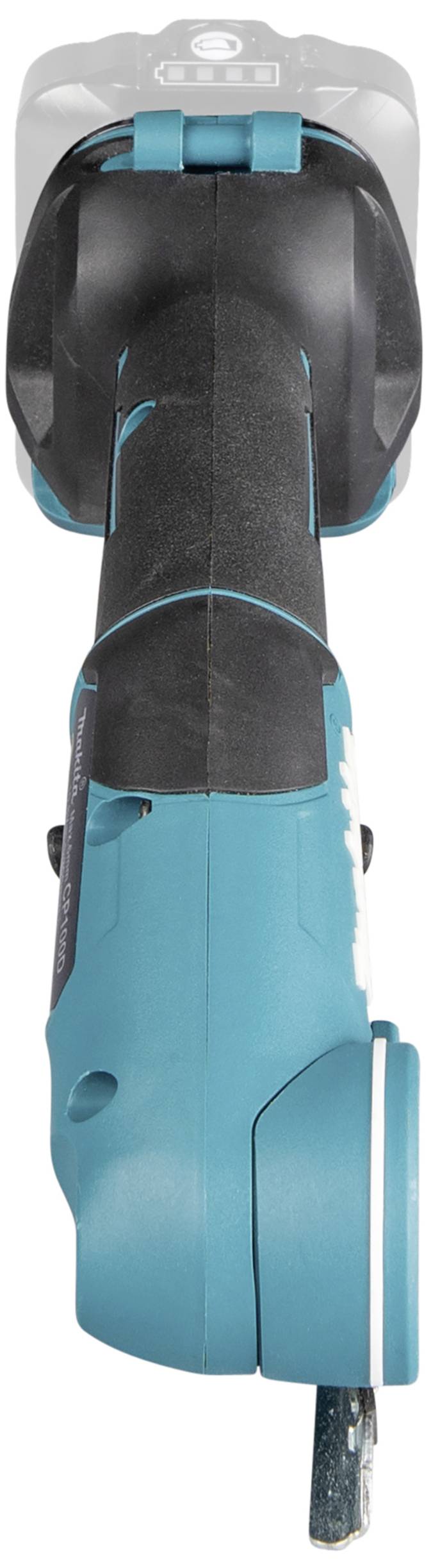 An electrical power tool viewed from above, with a blue casing and black handle. The device is compact and has a sawing surface.