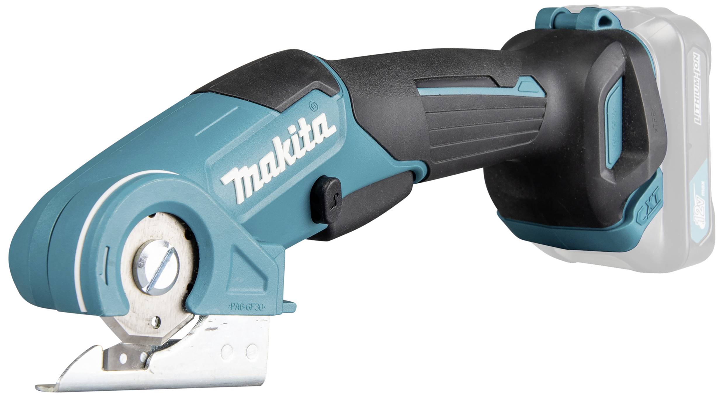 Battery-powered hand tool by Makita with blade attachment, suitable for cutting various materials, showcasing a blue-black design.