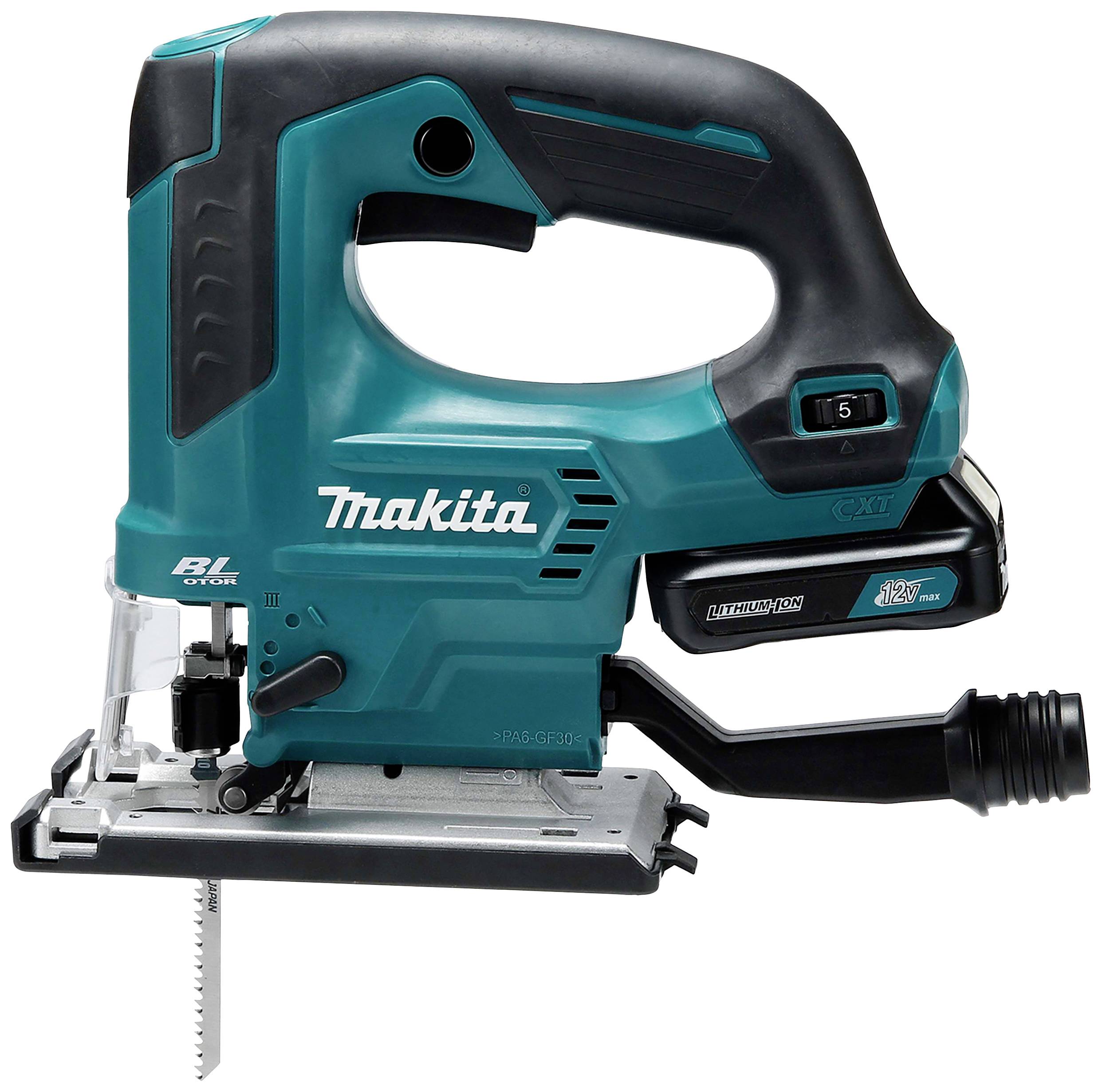 Cordless jigsaw in blue with ergonomic handle, switch, and small display. 'Makita' marking visible on the side.
