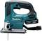 Cordless jigsaw in blue with ergonomic handle, switch, and small display. 'Makita' marking visible on the side.