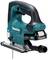 Cordless jigsaw in blue and black by Makita with an ergonomic handle and visible saw blade, suitable for precise woodworking.