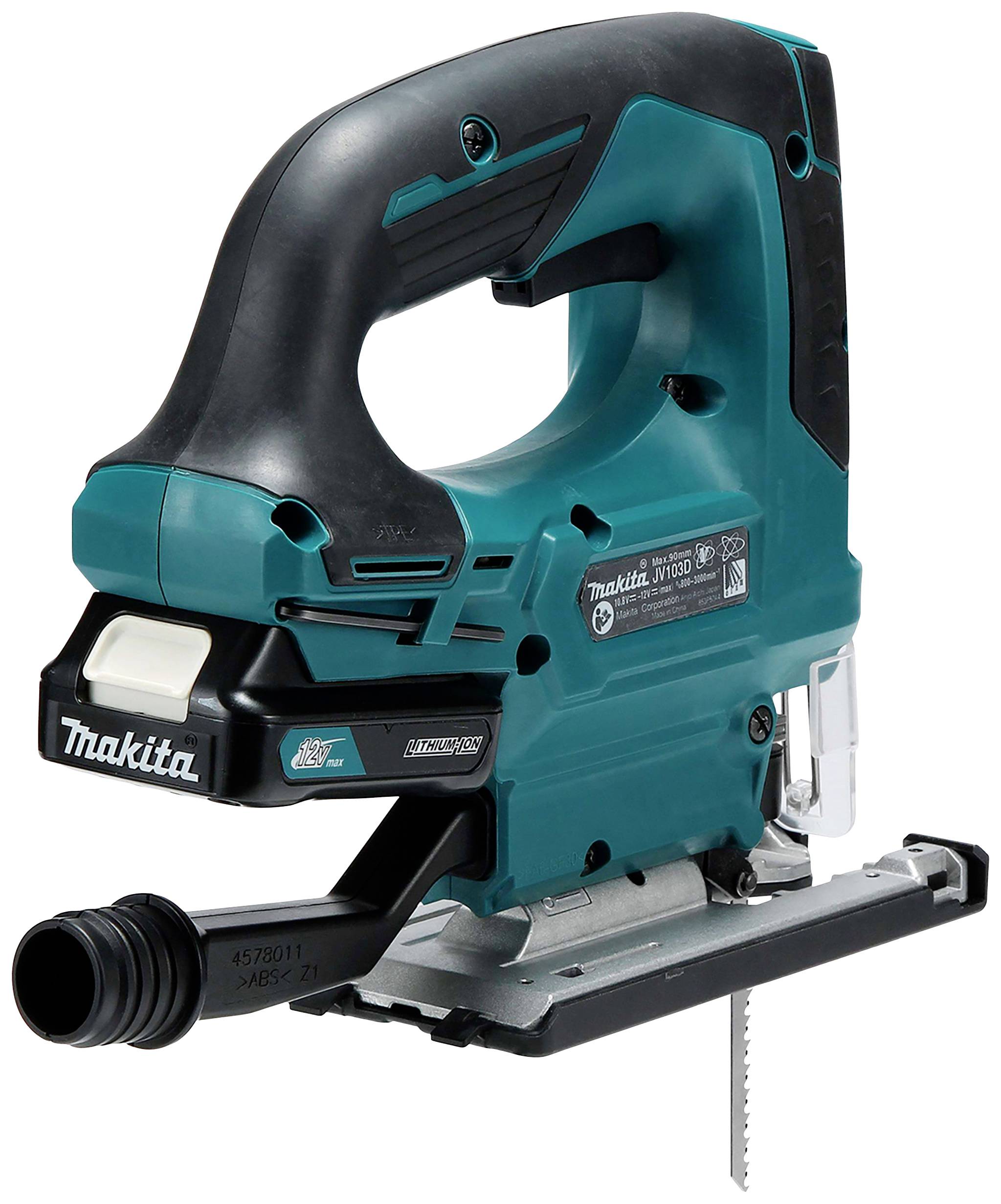 Electric jigsaw with an ergonomic handle, blue and black design with visible saw blade at the bottom; brand name 'Makita'.