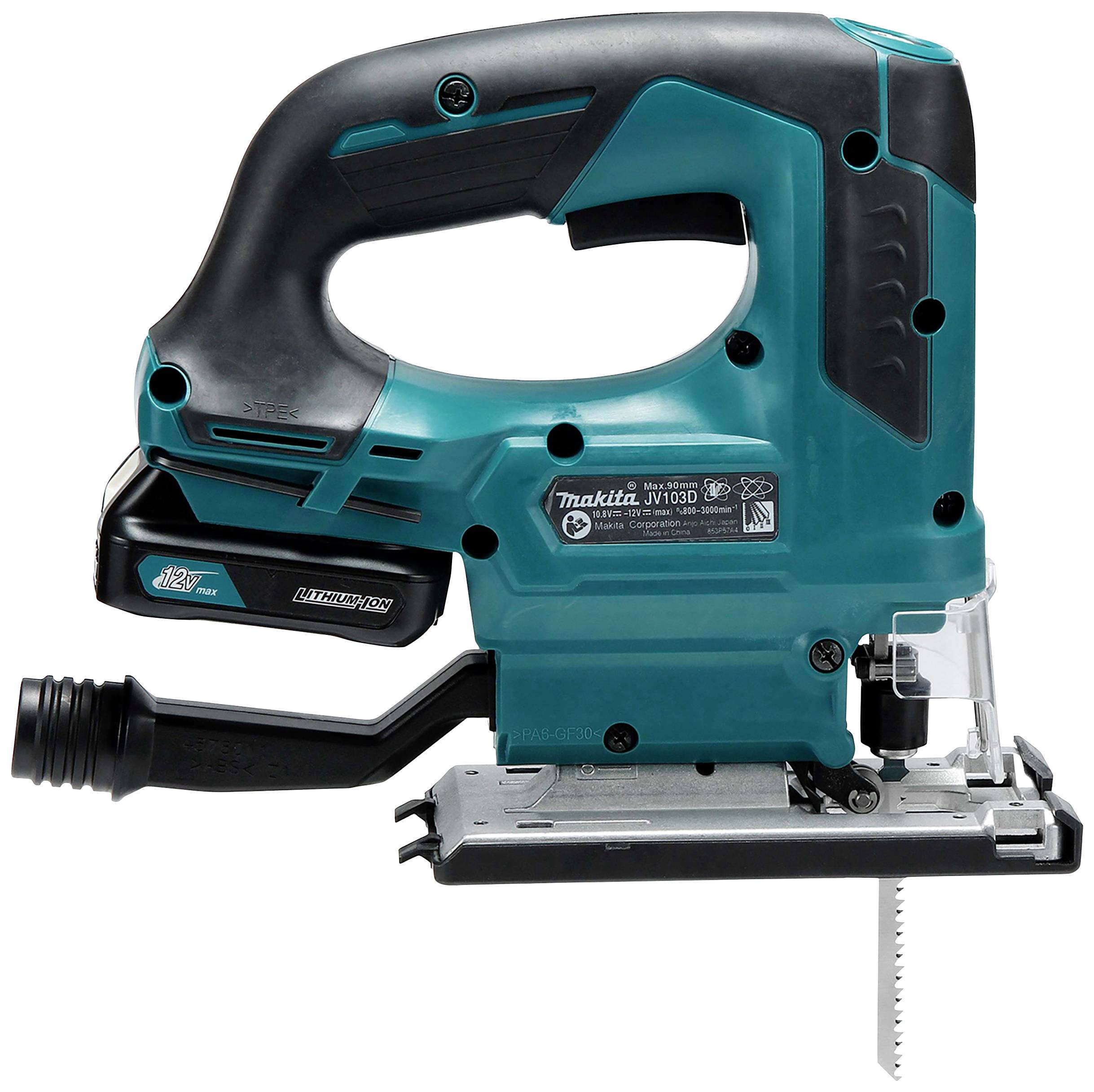 The Makita cordless jigsaw viewed from the side, highlighting its compact design and ergonomic handle for precise cutting.