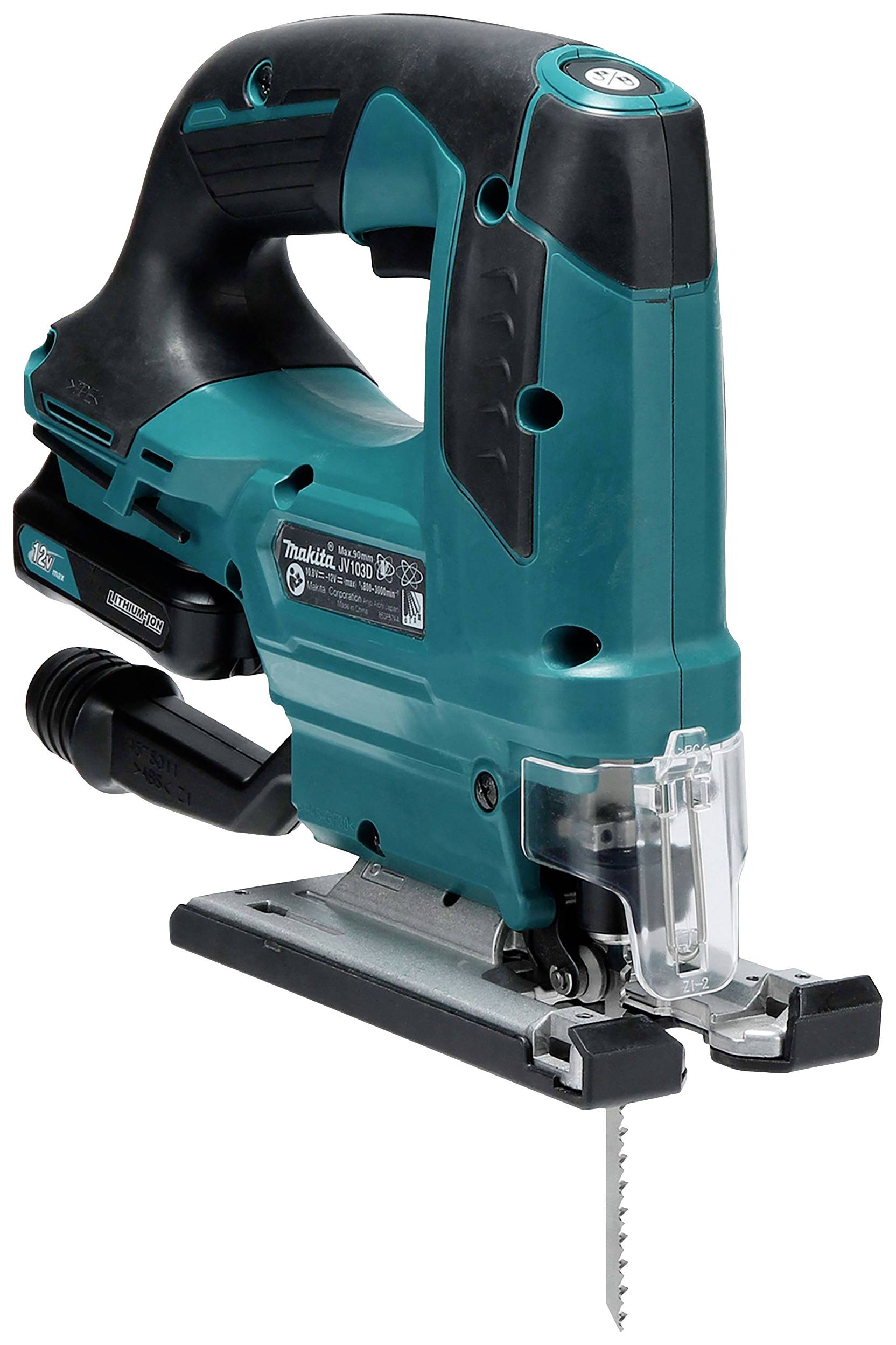 A blue jigsaw with a black handle and visible saw blade. It is suitable for precision sawing of wood and other materials.