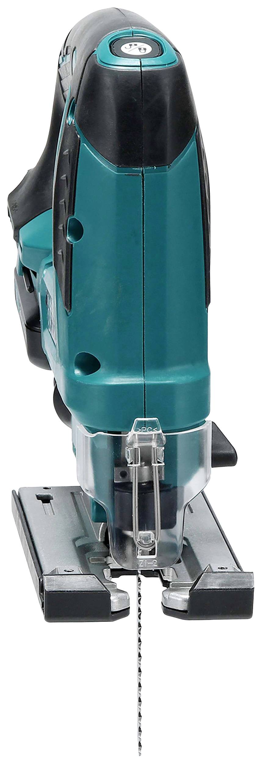 A green and black electric jigsaw with a metal saw blade, pictured from the front. It is suitable for use on smooth surfaces.