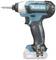 Makita cordless drill, blue and black, with drill bit, left profile view.