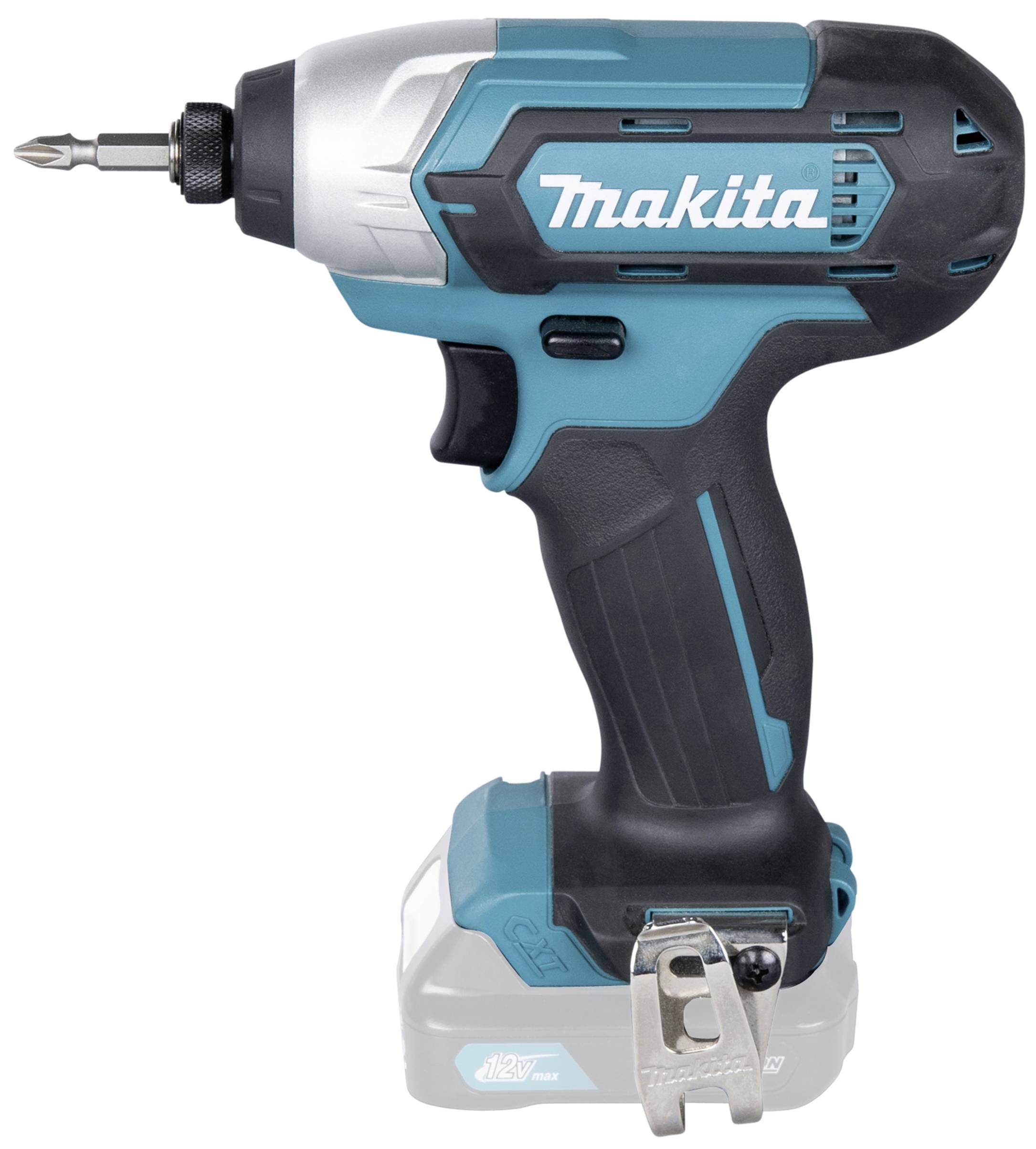 A cordless drill driver with a blue-black casing and an inserted bit. Brand logo visible on the side.