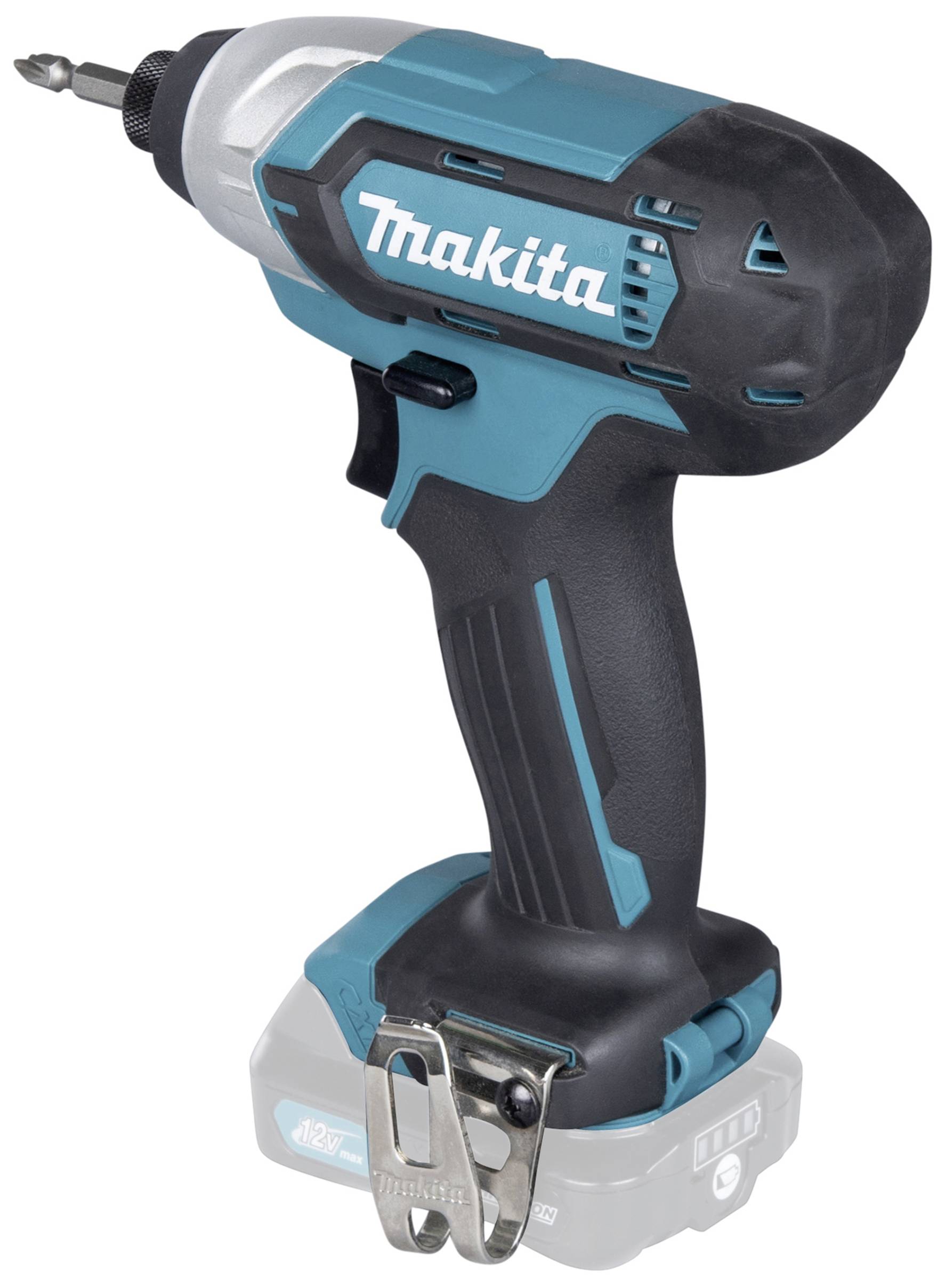 Cordless drill in blue and black, with an ergonomic handle and metal clip, designed for easy handling during screw and assembly work.