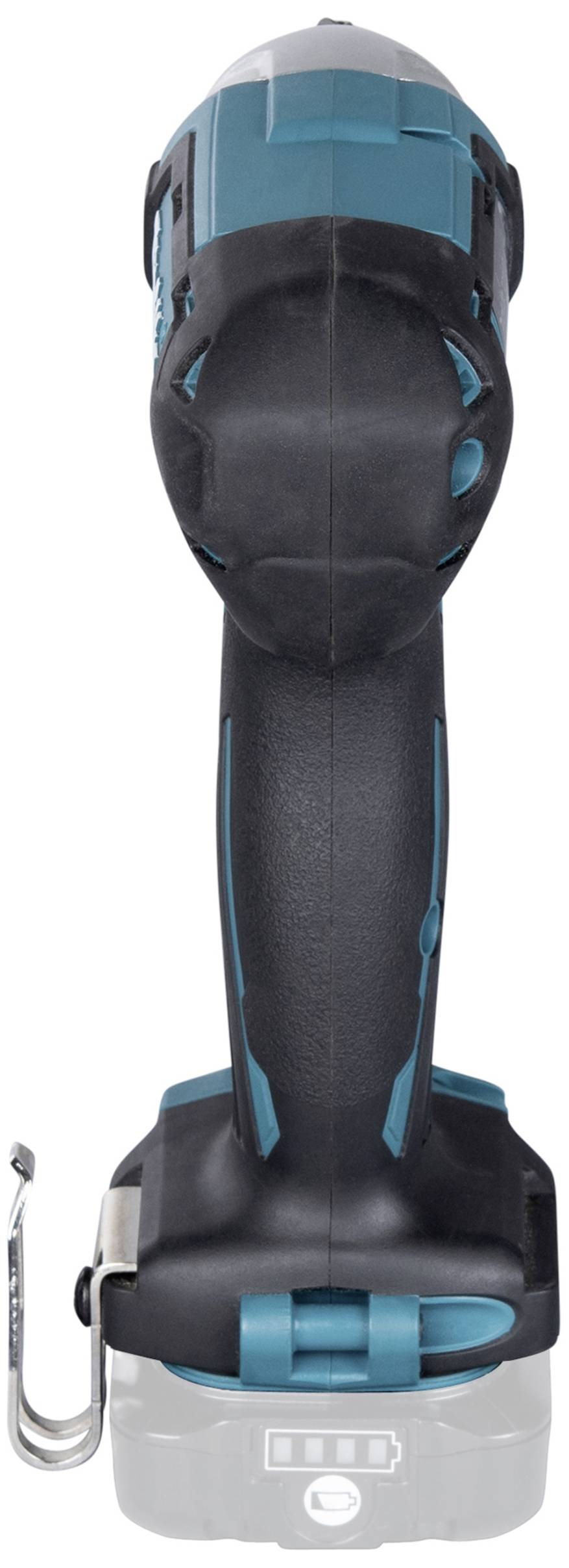 Cordless drill screwdriver with ergonomic handle in black and turquoise, with rechargeable battery and belt clip.