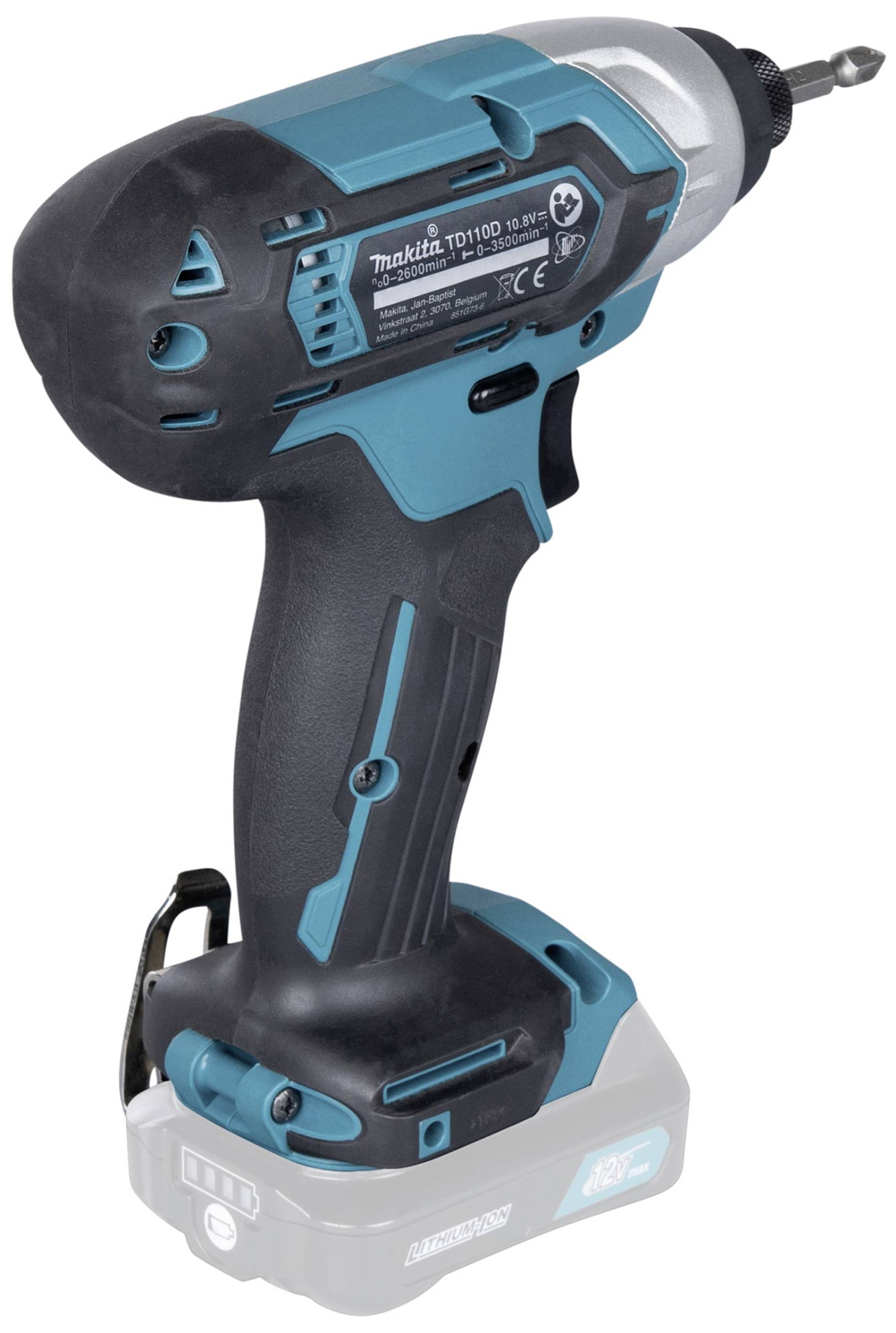 Cordless drill with a black and blue casing and a protruding drill bit. Brand logo and specifications are visible.