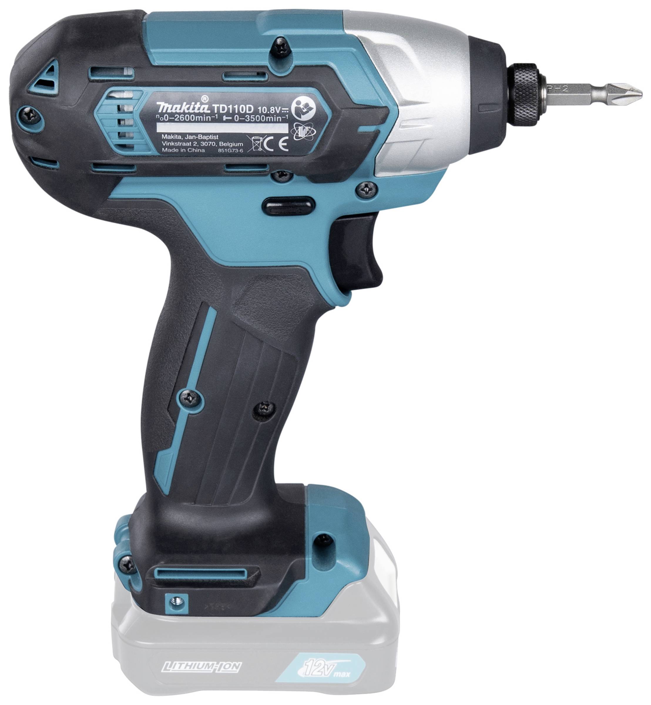 A blue and black cordless electric impact driver.