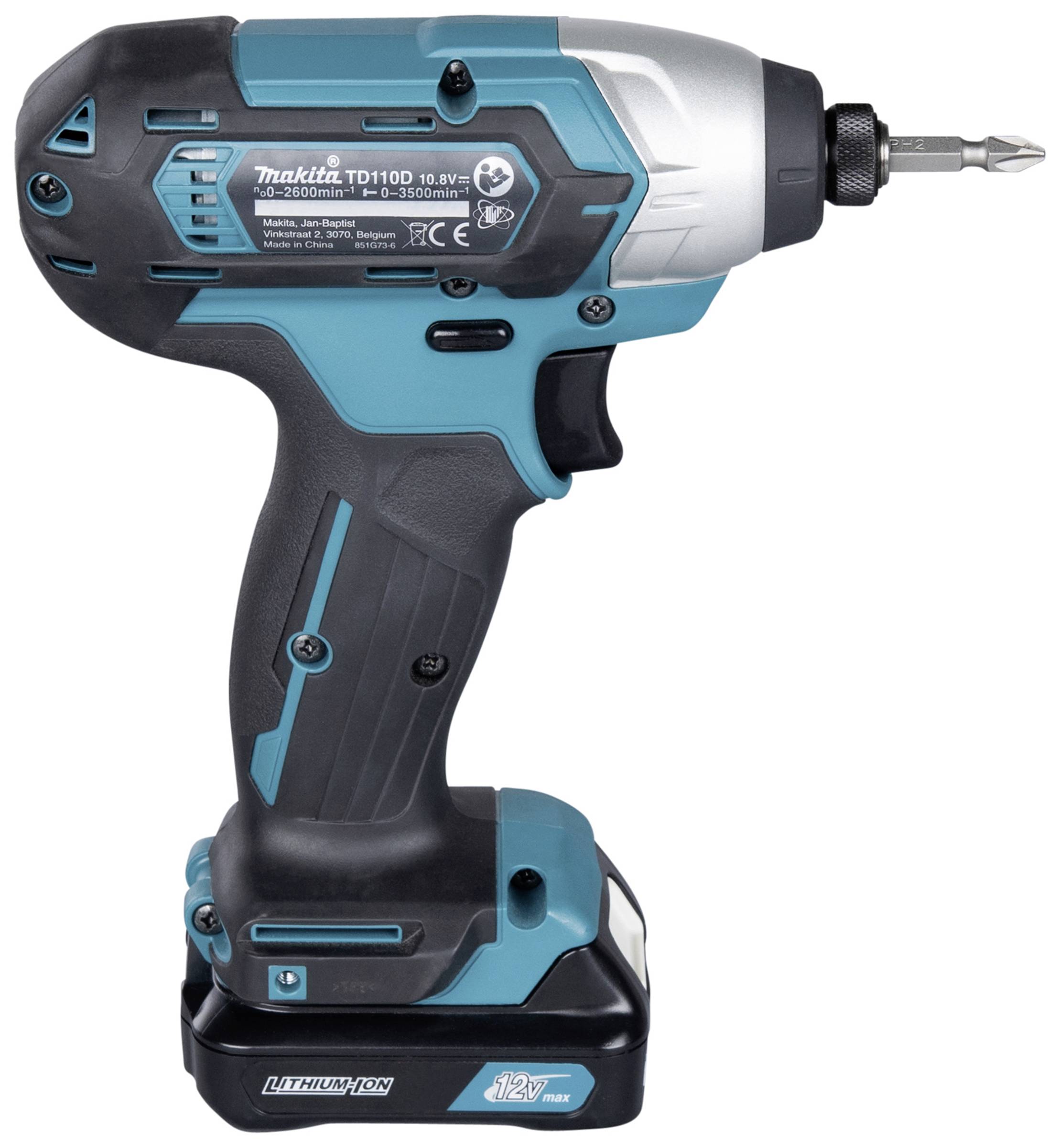 Cordless drill in blue and black with a bit attachment at the tip.