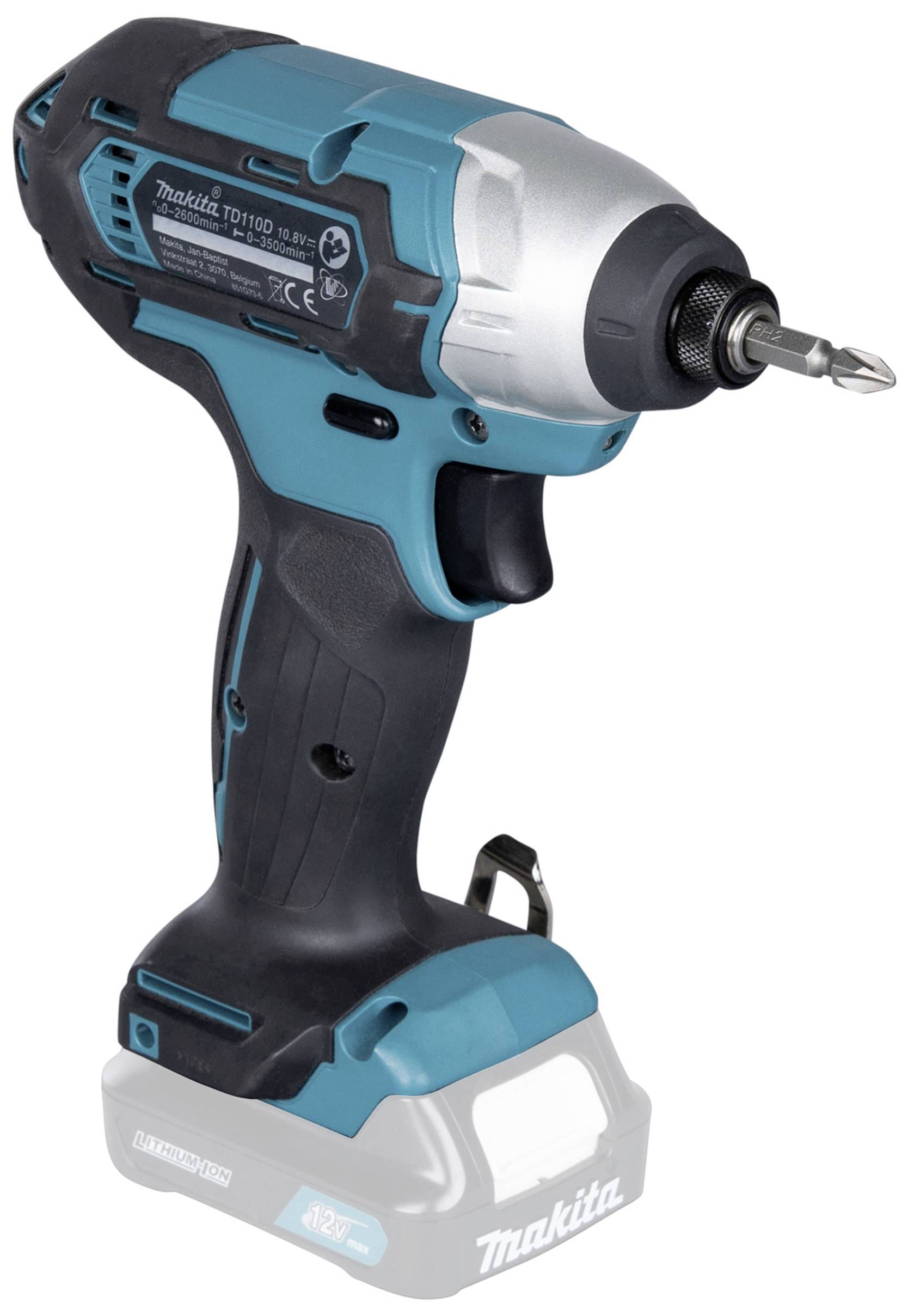A blue cordless drill with a black handle and silver head, battery compartment beneath the handle, without a battery inserted.