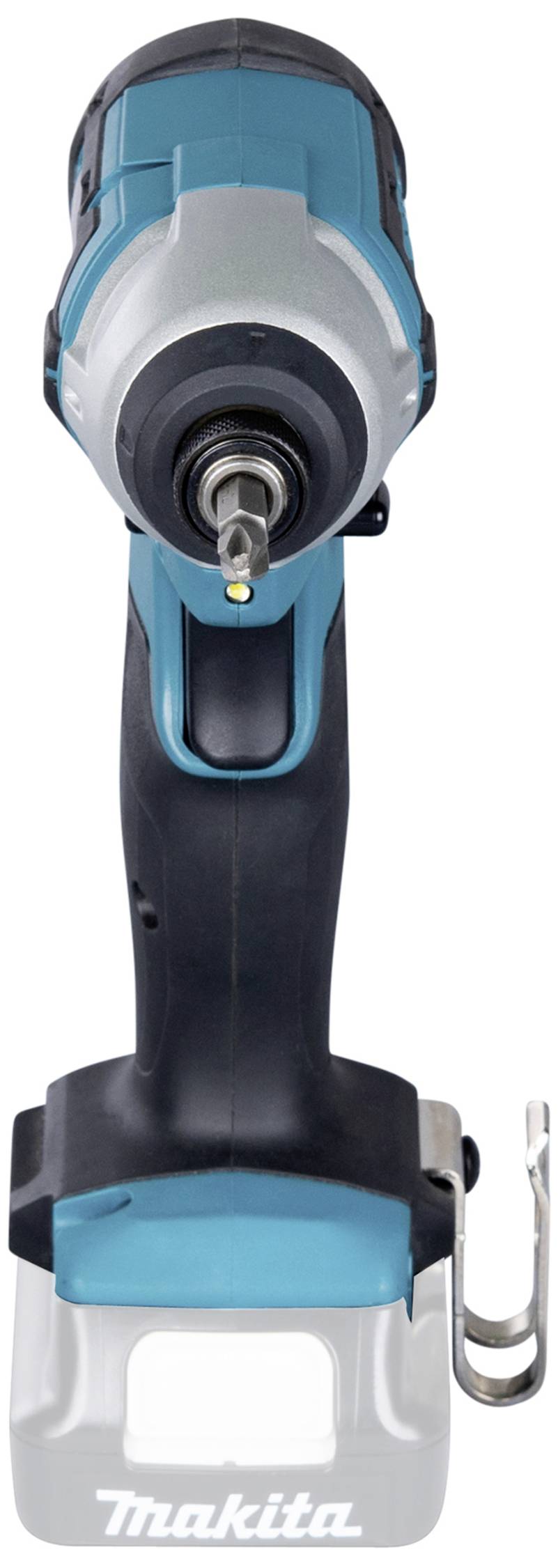 Cordless drill driver, frontal view, blue-black, without battery.