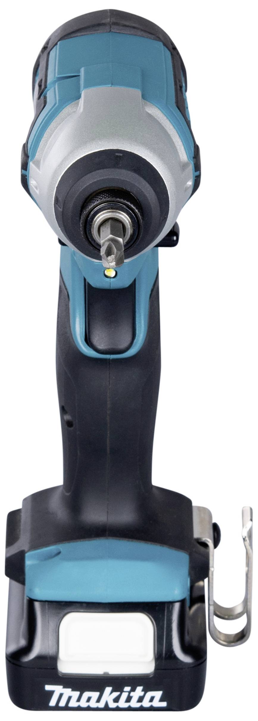 Impact drill in black and blue, standing vertically. Marked with 'Makita'. Tool ideal for construction and renovation work.