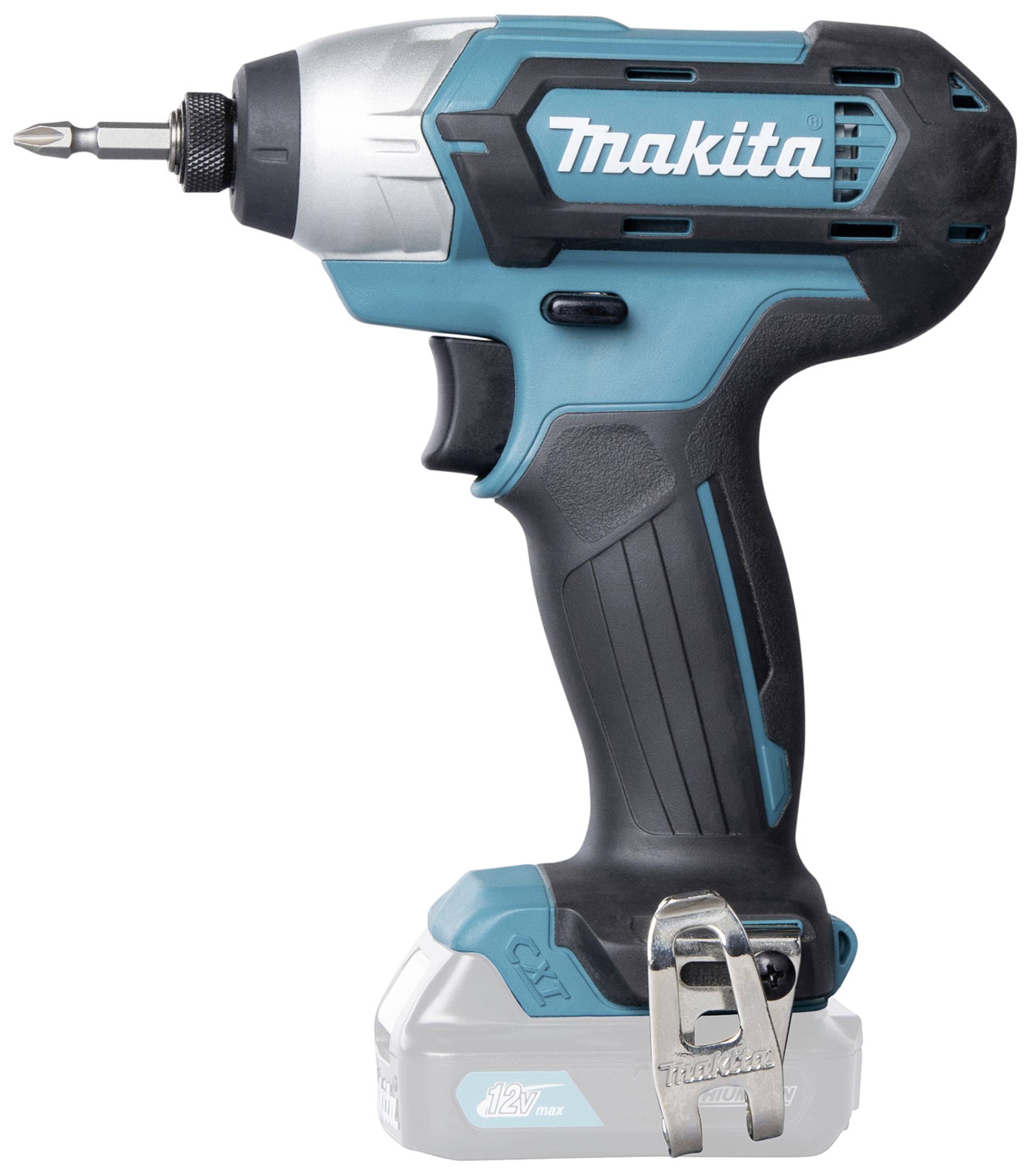 A navy-blue Makita cordless drill with a bit mounted, viewed from the side.