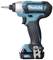 Makita cordless drill in blue and black design, side profile visible.