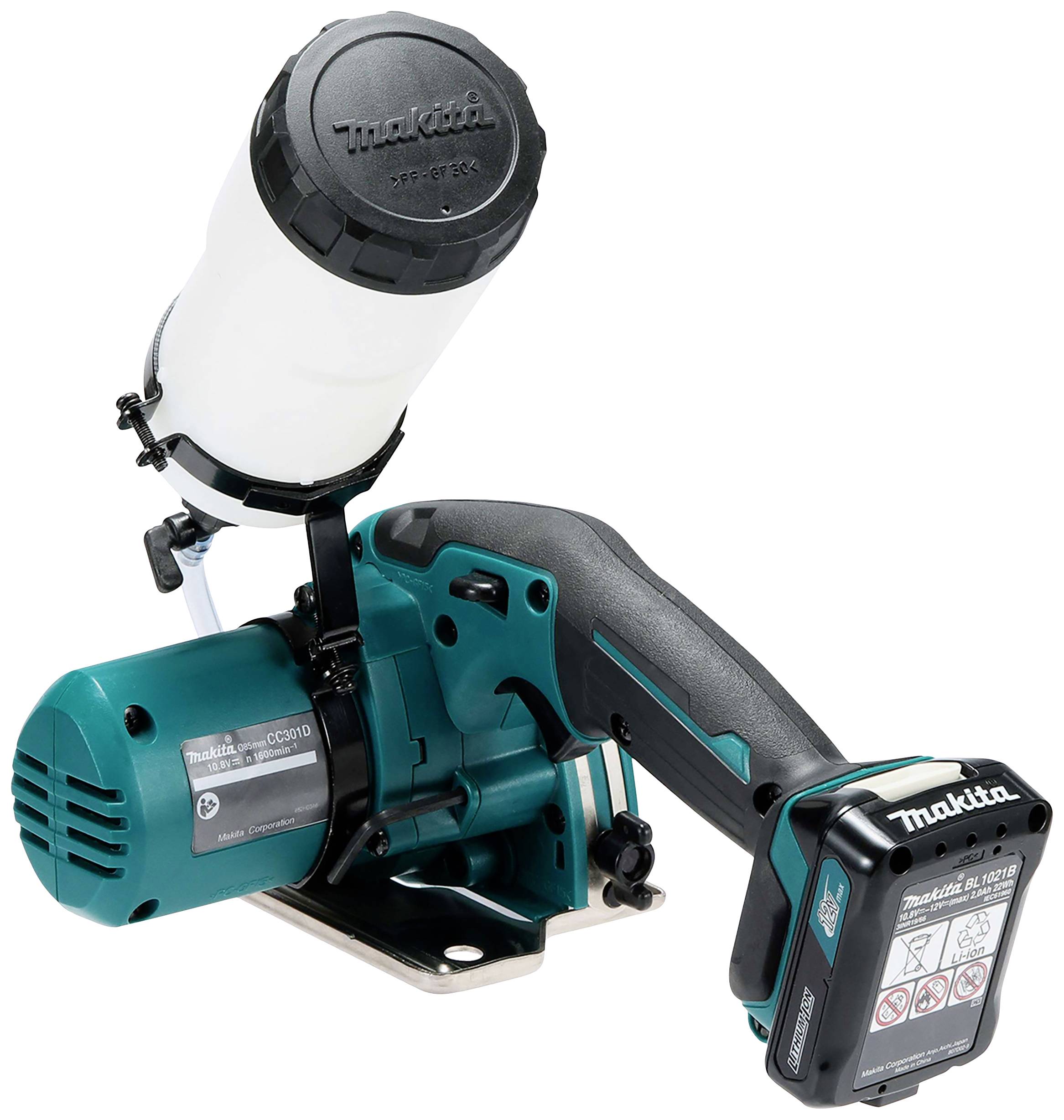 A cordless Makita battery-powered nail gun with a dark green housing, battery, and nail magazine. Ideal for construction and DIY projects.