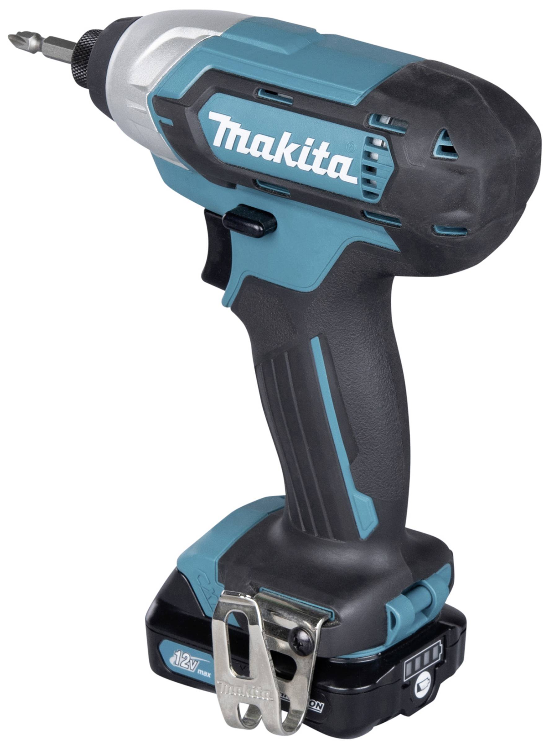 Cordless drill in black and blue, side view. Brand name printed at the bottom. Suitable for DIY and construction projects.