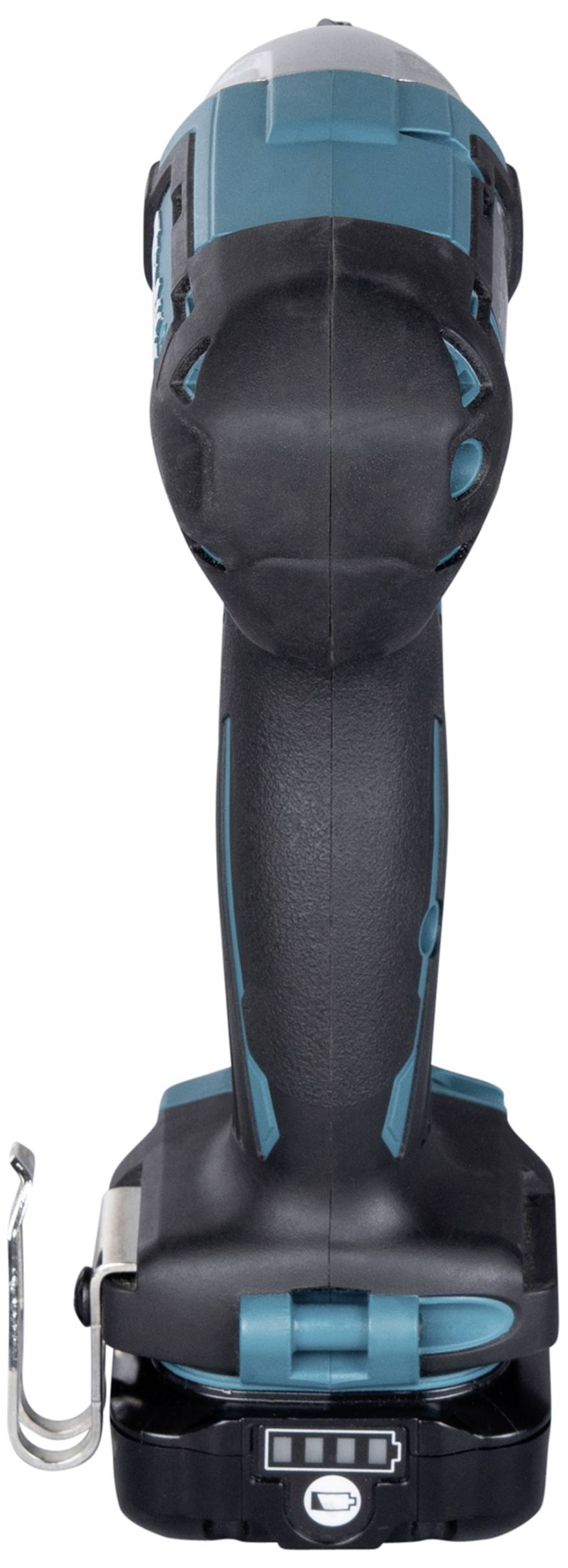 Cordless drill, black and turquoise, in frontal view. Battery compartment with charge indicator, belt clip on the left.