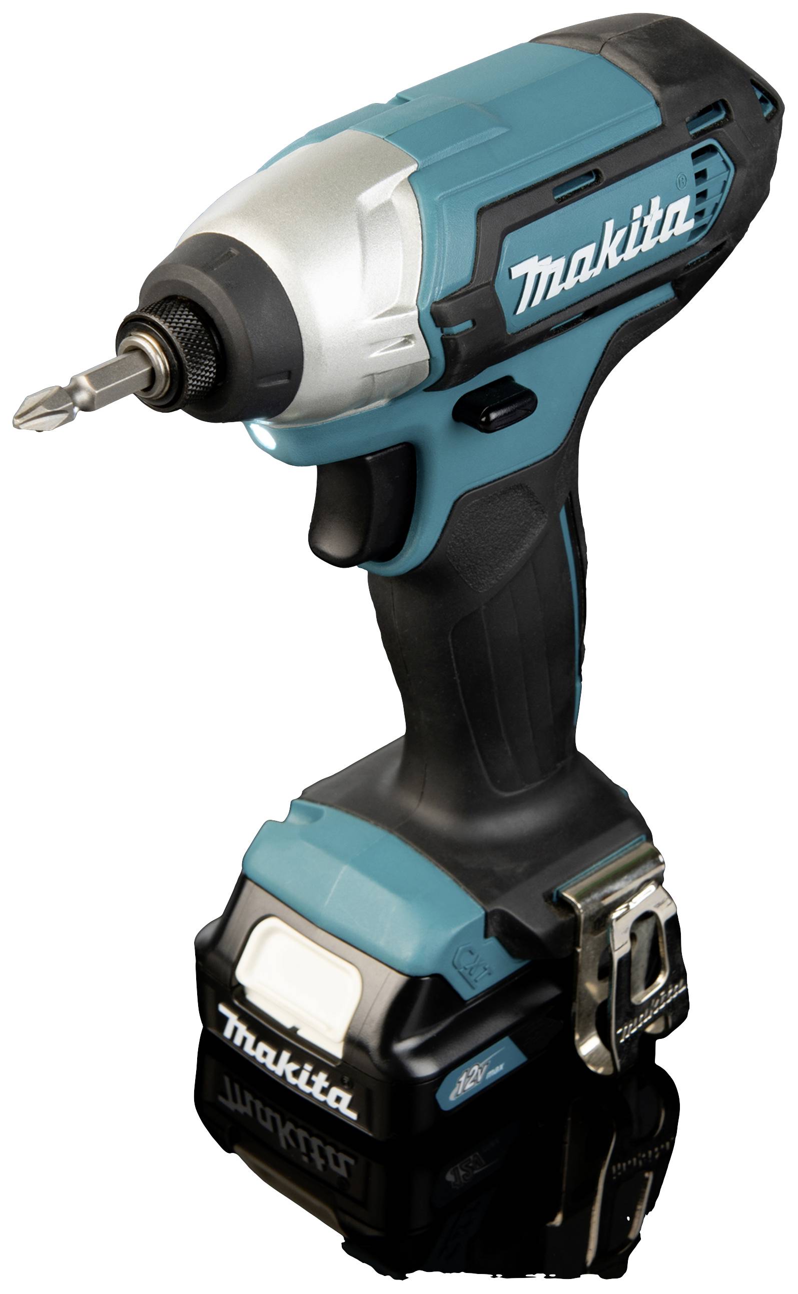 A cordless impact driver with an ergonomic handle, in ivory and black finish, with integrated battery.