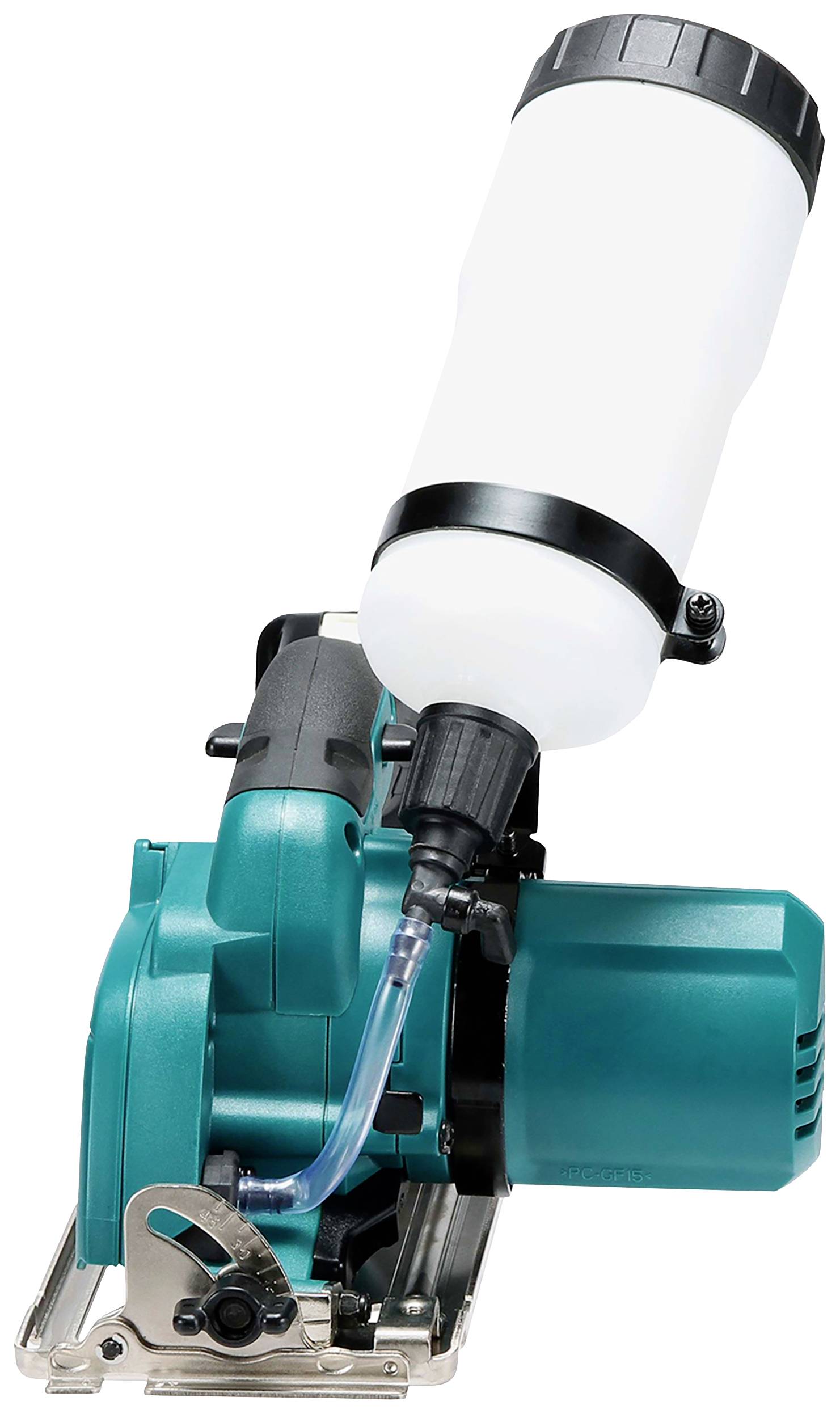 A turquoise angle grinder with an attached water container, suitable for cutting materials such as stone or tiles.