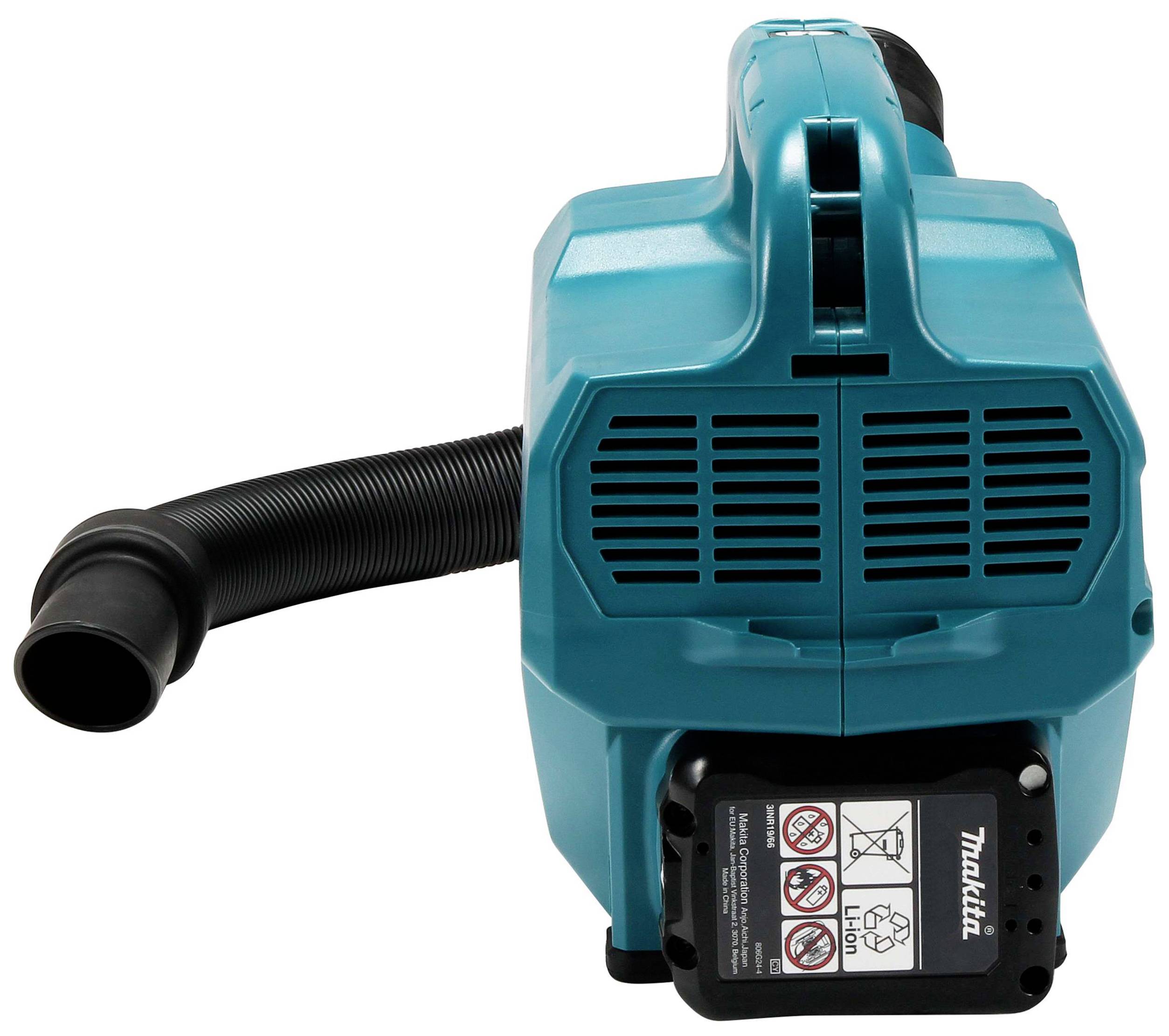 Blue portable vacuum cleaner with hose, suitable for workshop or home use.