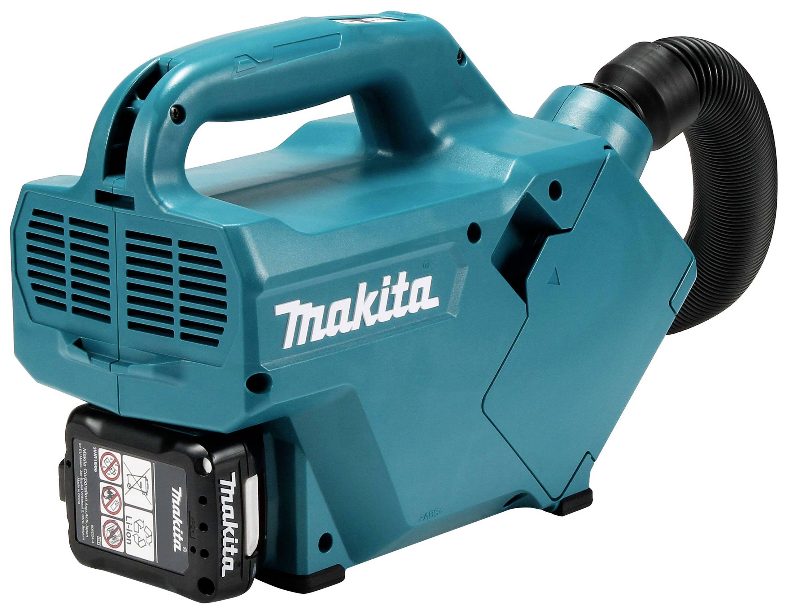 A cordless, blue Makita vacuum cleaner with a battery. Suitable for industrial use or workshops.