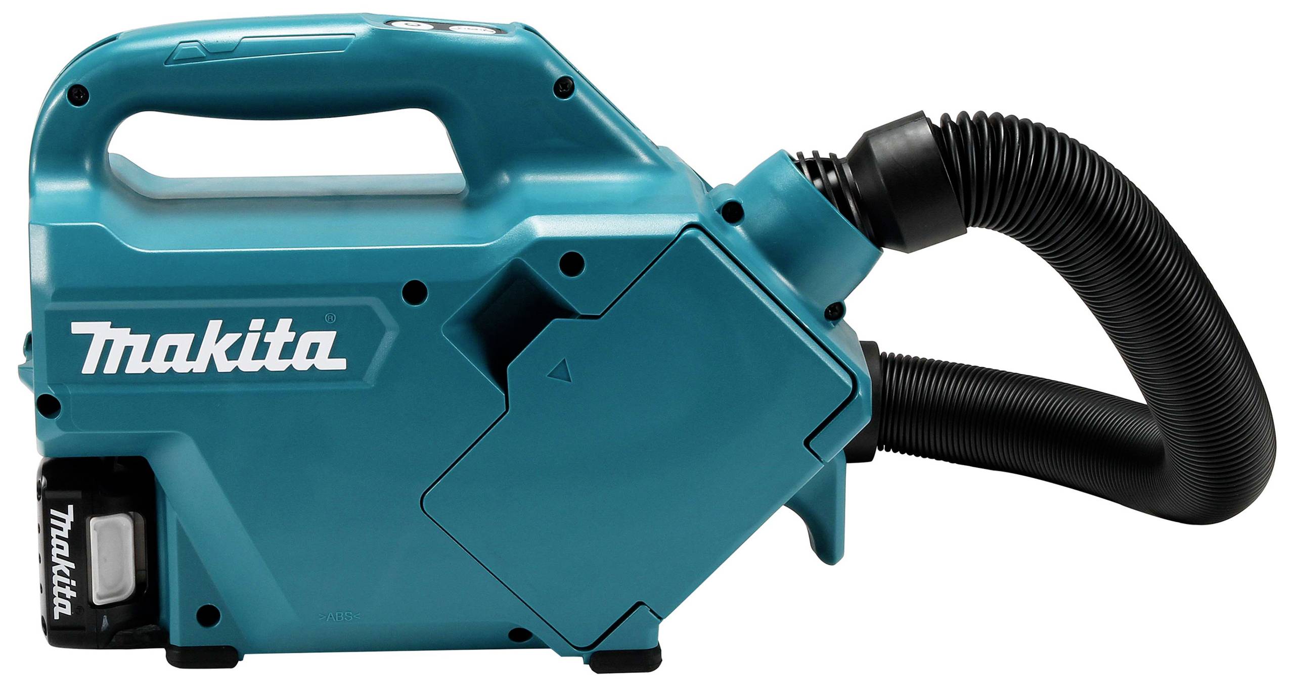 A portable, turquoise cordless vacuum cleaner with a flexible hose and handle. Ideal for convenient cleaning tasks.