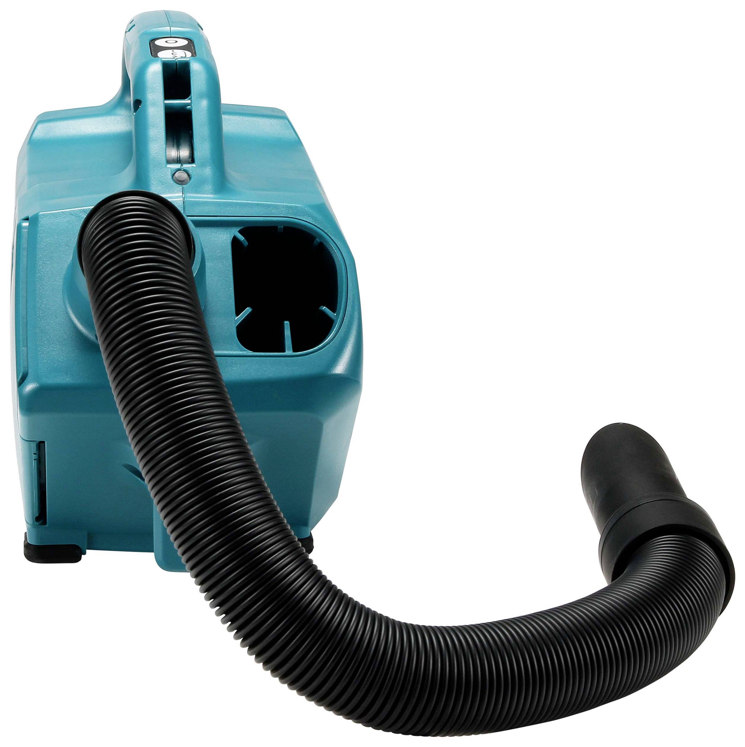 A blue vacuum cleaner with a black hose in close-up. The hose is attached at the front and visibly curved.