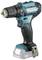 Cordless drill in black and blue, with battery at the bottom, drill bit at the top. Brand name visible on both sides.