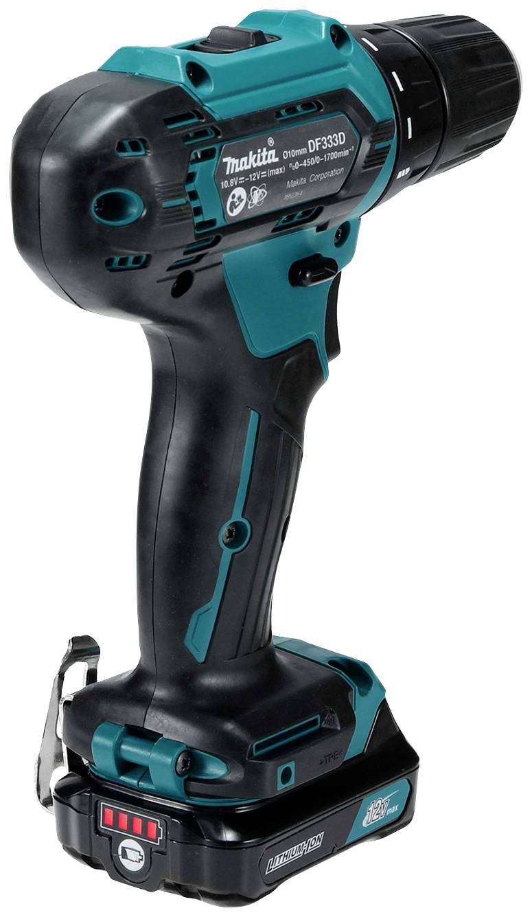 Cordless battery-powered drill driver with ergonomic handle and integrated LED light, suitable for versatile drilling and screwdriving tasks.