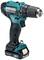 A turquoise-black cordless drill by Makita, shown from the side. Features an ergonomic handle design and a removable battery compartment.