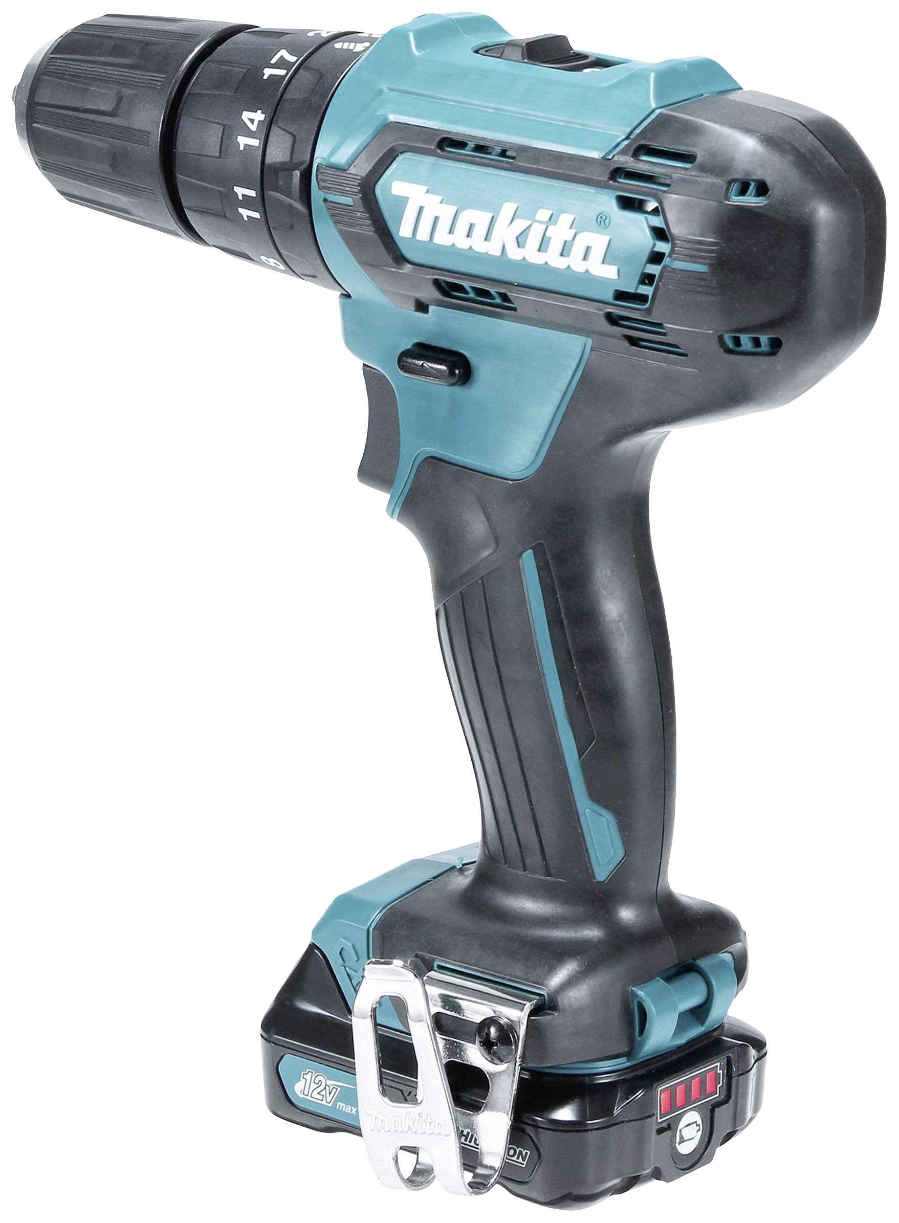 Black and blue cordless drill. A brand is visible on the side. A battery is attached, and the tool clip is also recognisable.