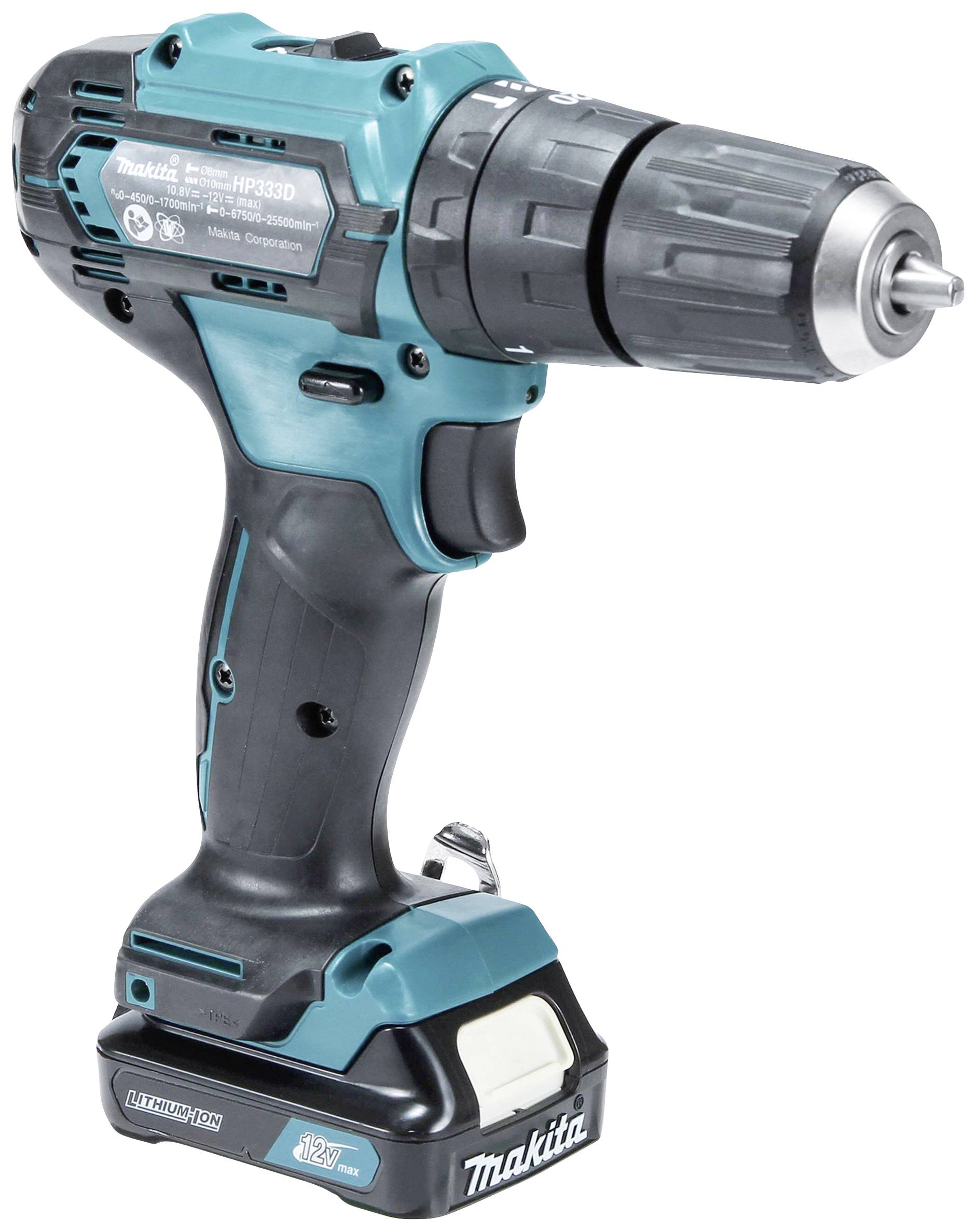 Cordless drill driver in blue and black, with built-in light. Showing front half with chuck and handle. Manufacturer's name visible.
