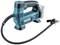 A portable blue battery-powered compressor with handle and flexible hose, suitable for inflating tyres or sports balls.