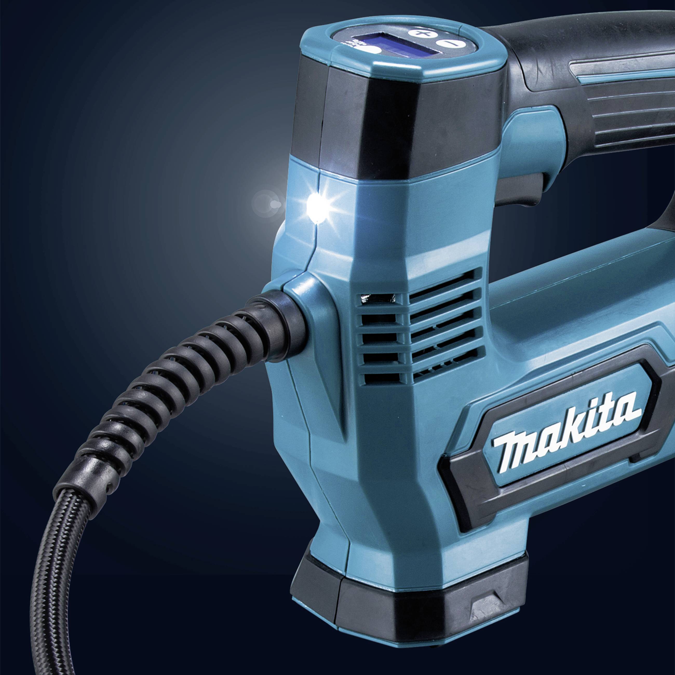 A Makita electric compressor with a blue and black design, activated LED light, and flexible air hose.