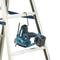 Blue orbital sander hanging on a ladder. Battery-powered model, suitable for various sanding tasks.